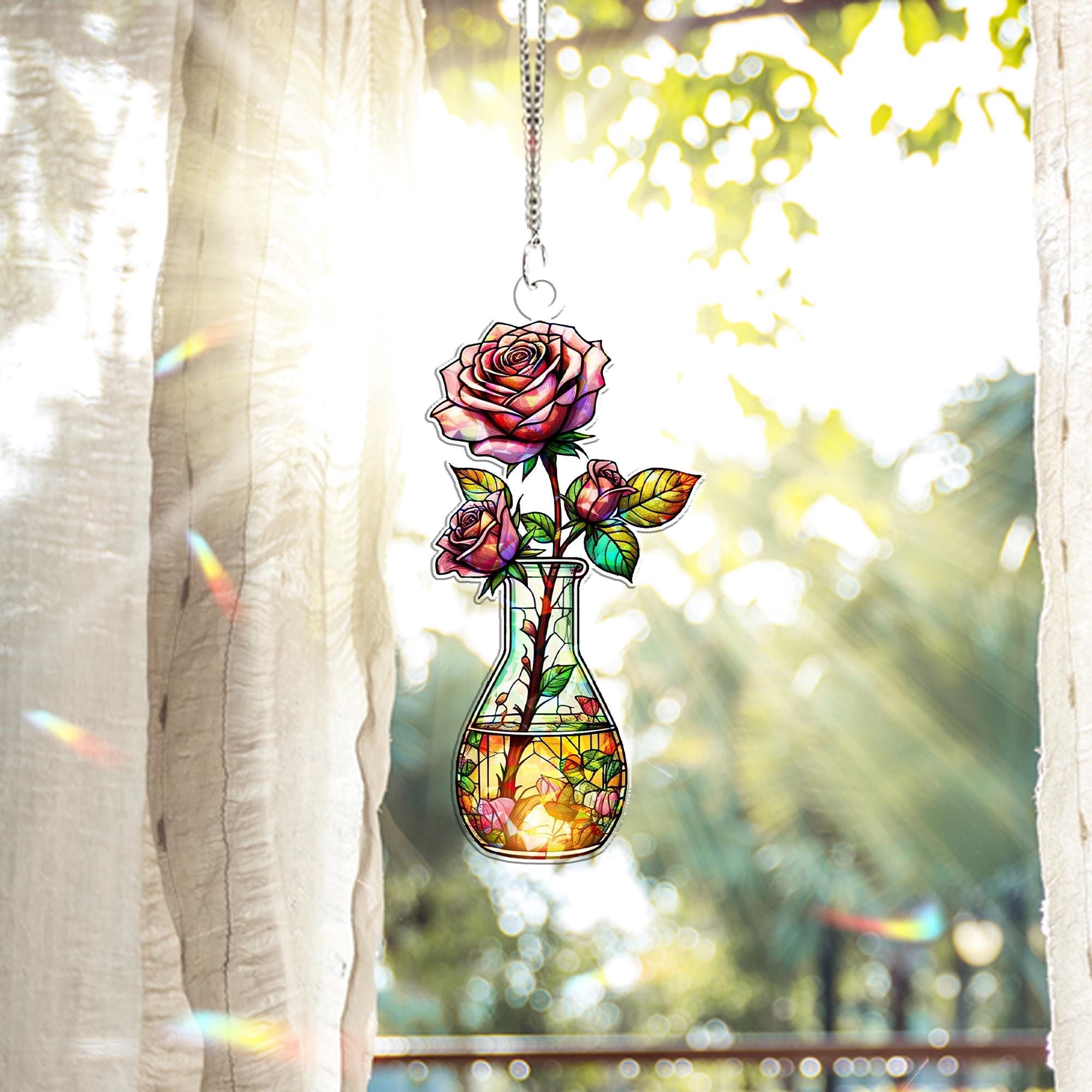 Roses Flask Hologram Acrylic Window Hanging – Science Decor, Nurse Gift, Botanical Art for Home or Office