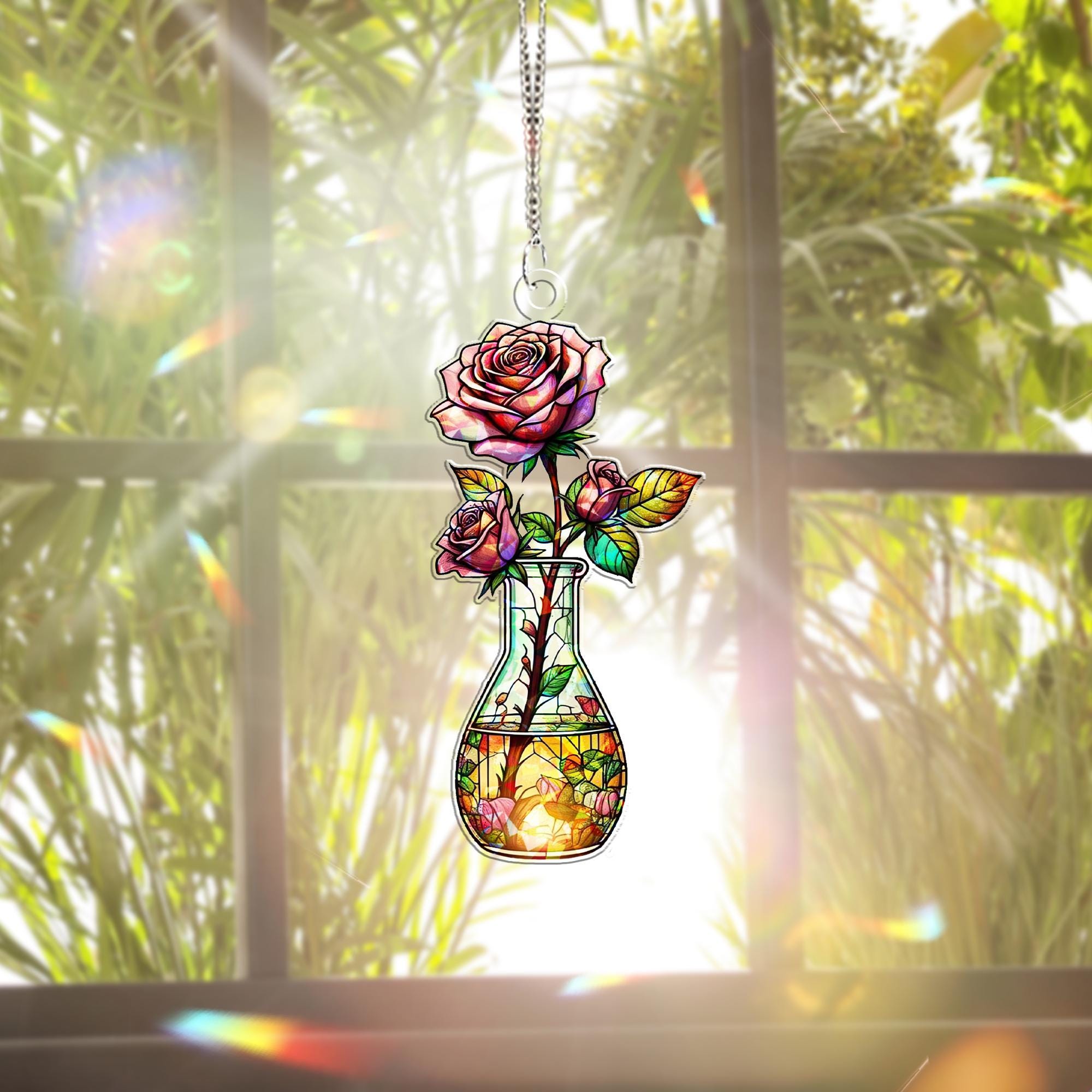Roses Flask Hologram Acrylic Window Hanging – Science Decor, Nurse Gift, Botanical Art for Home or Office