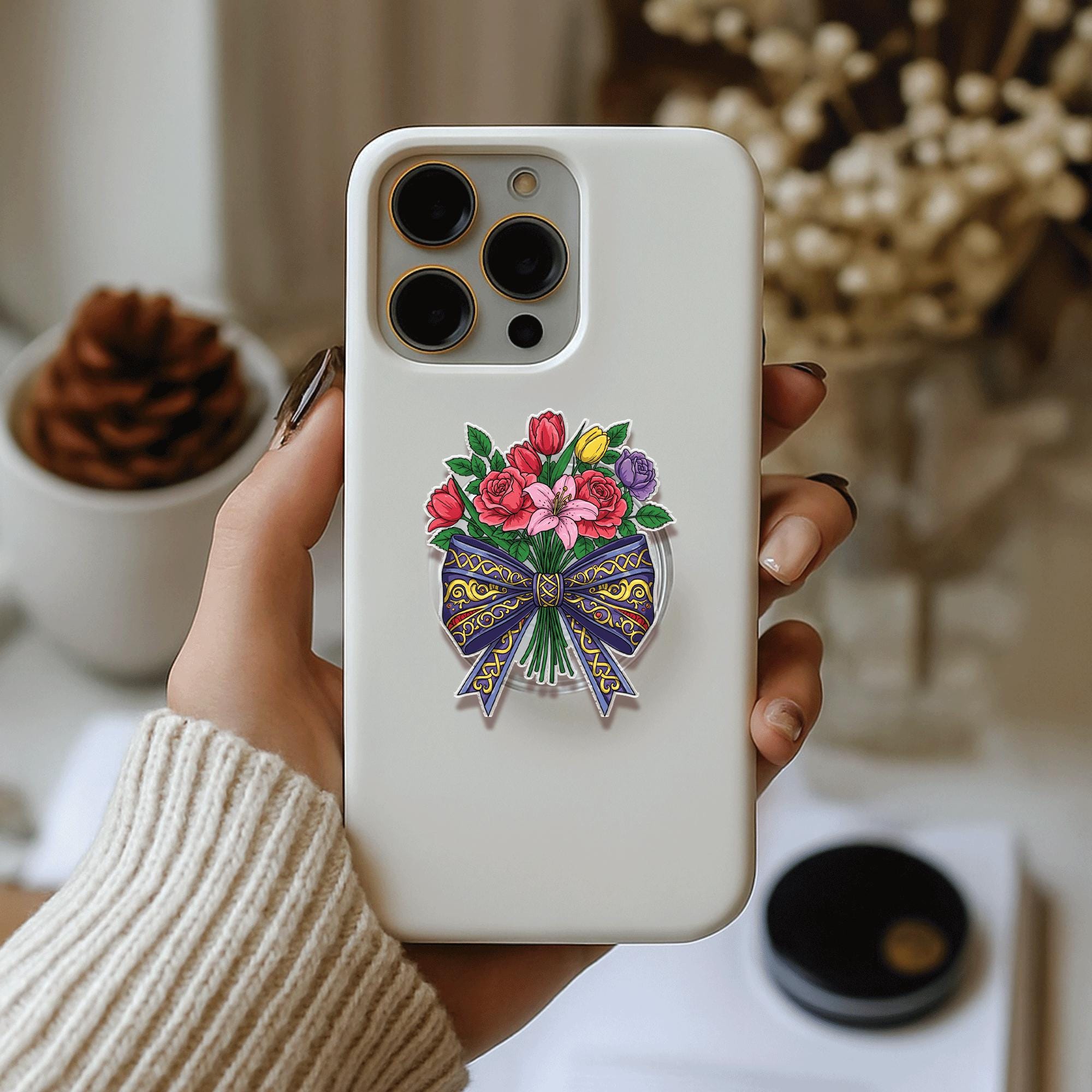Bow Bouquet Flower Phone Grip – Floral Pop Socket, Cute Phone Accessory, Flower Lover Gift, Mother's Day Gift Idea