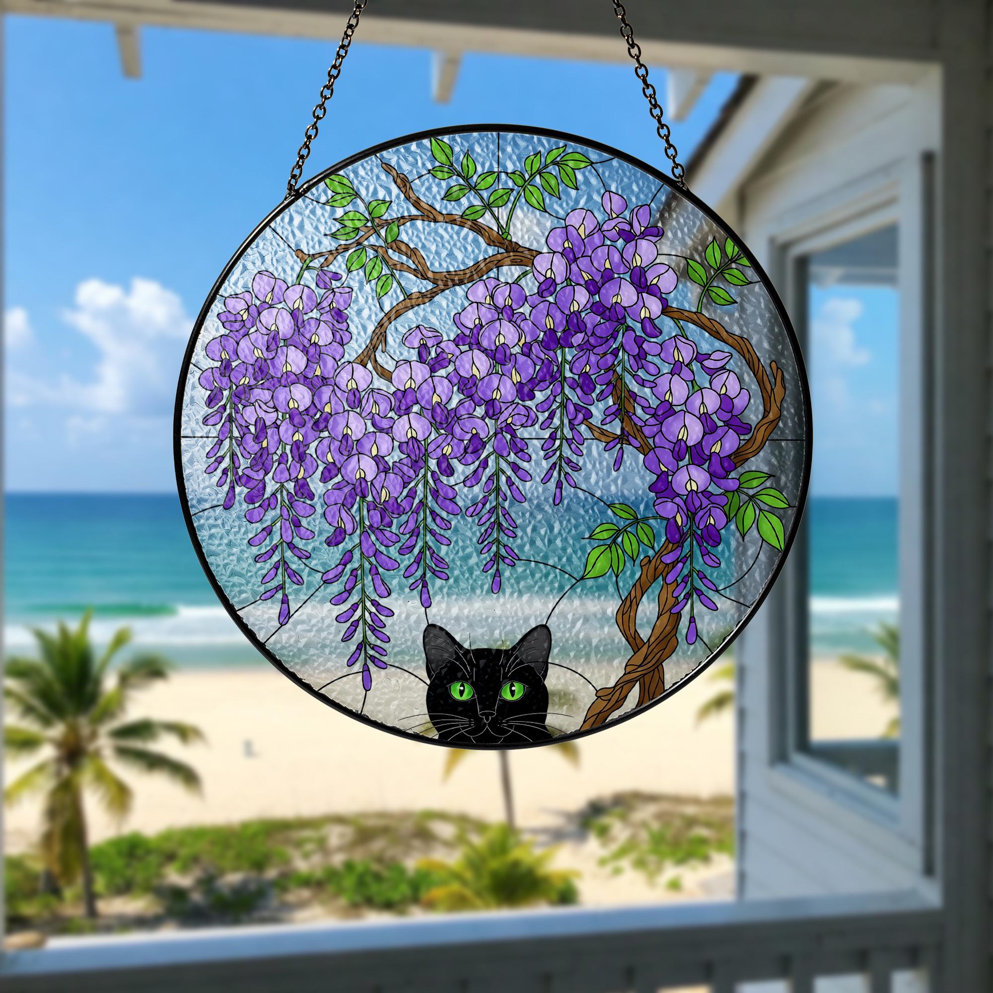 Black Cat Wisteria Glass Suncatcher, Floral Cat Window Hanging, Cute Kitty Sun Catcher, Cat Lover Gift, Cat Lover Gift Glass Wall Decor