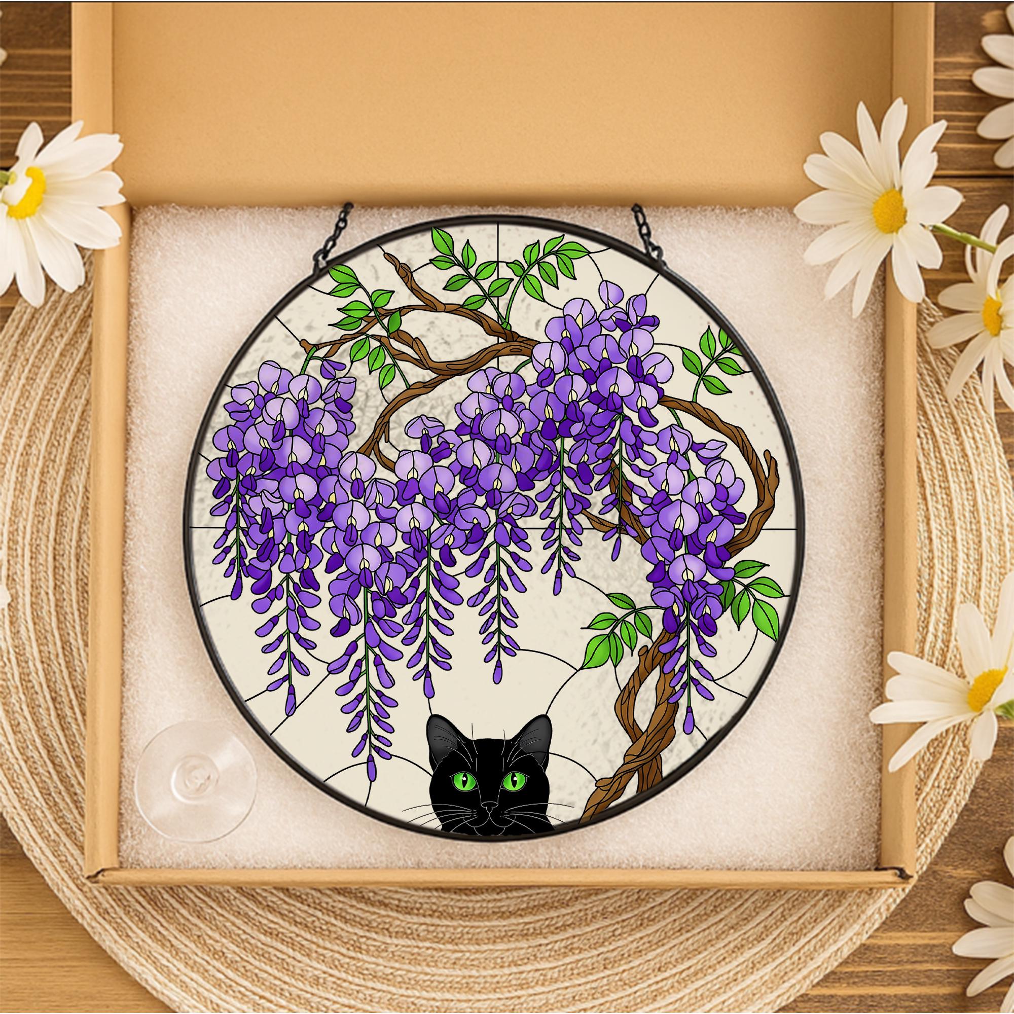 Black Cat Wisteria Glass Suncatcher, Floral Cat Window Hanging, Cute Kitty Sun Catcher, Cat Lover Gift, Cat Lover Gift Glass Wall Decor