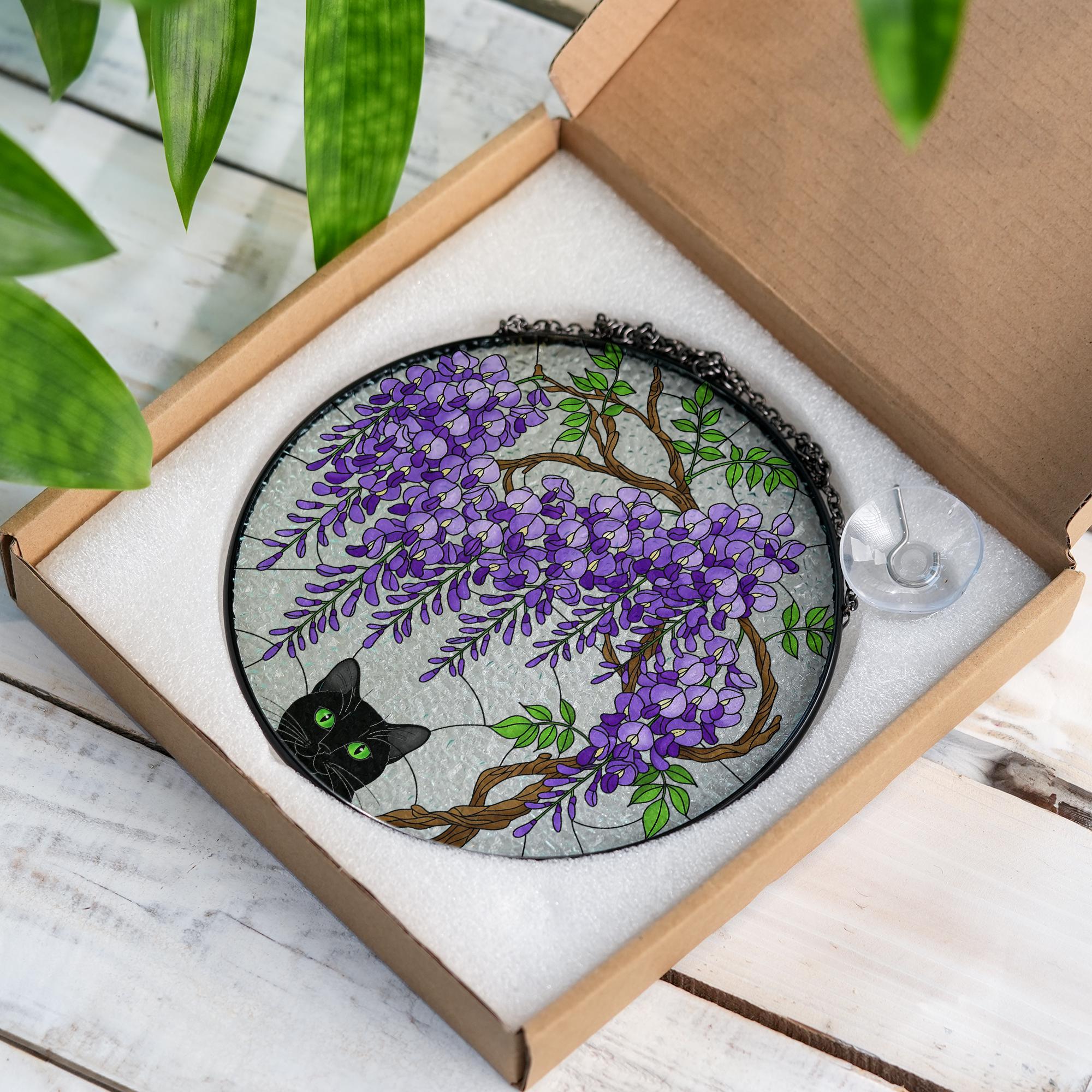 Black Cat Wisteria Glass Suncatcher, Floral Cat Window Hanging, Cute Kitty Sun Catcher, Cat Lover Gift, Cat Lover Gift Glass Wall Decor