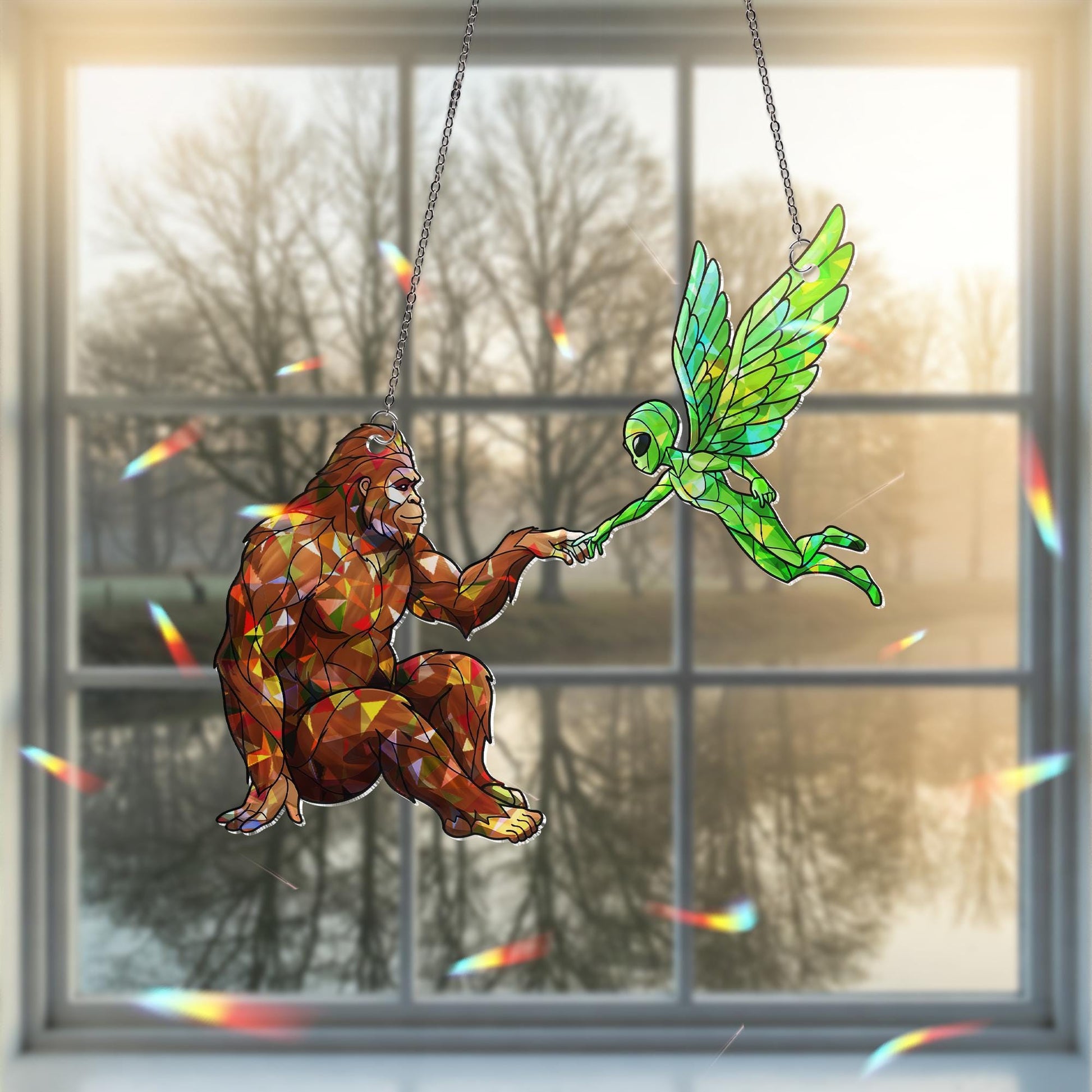 Bigfoot Fairy Alien Hologram ACRYLIC Window Hanging, Mystical Hand Touch Decor, Cryptid Iridescent Art, Fantasy Window Suncatcher Gift