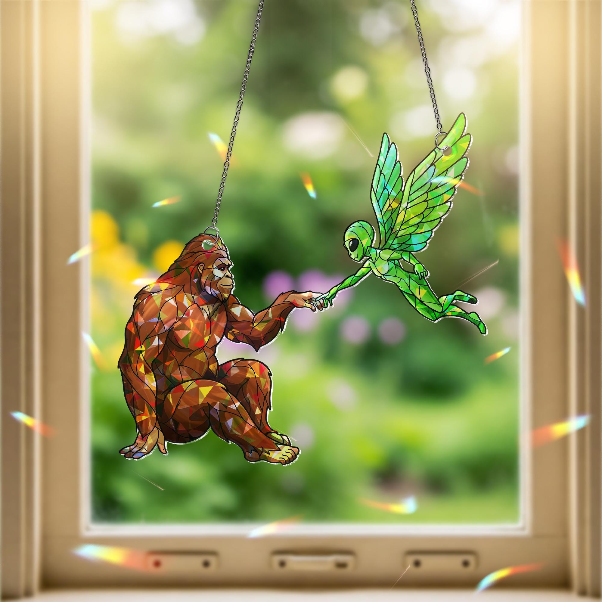 Bigfoot Fairy Alien Hologram ACRYLIC Window Hanging, Mystical Hand Touch Decor, Cryptid Iridescent Art, Fantasy Window Suncatcher Gift