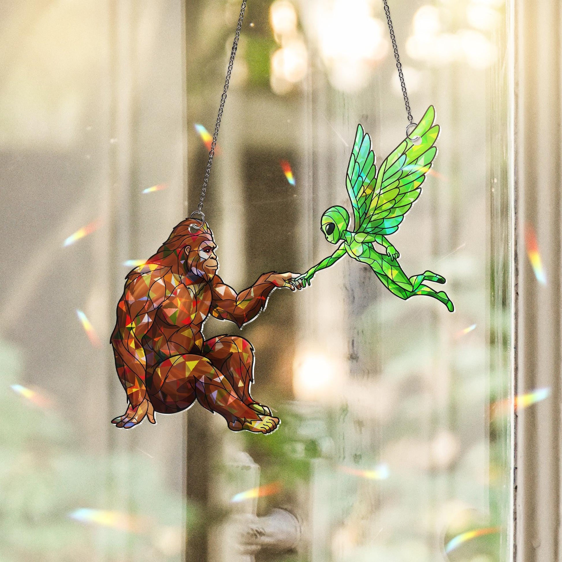 Bigfoot Fairy Alien Hologram ACRYLIC Window Hanging, Mystical Hand Touch Decor, Cryptid Iridescent Art, Fantasy Window Suncatcher Gift