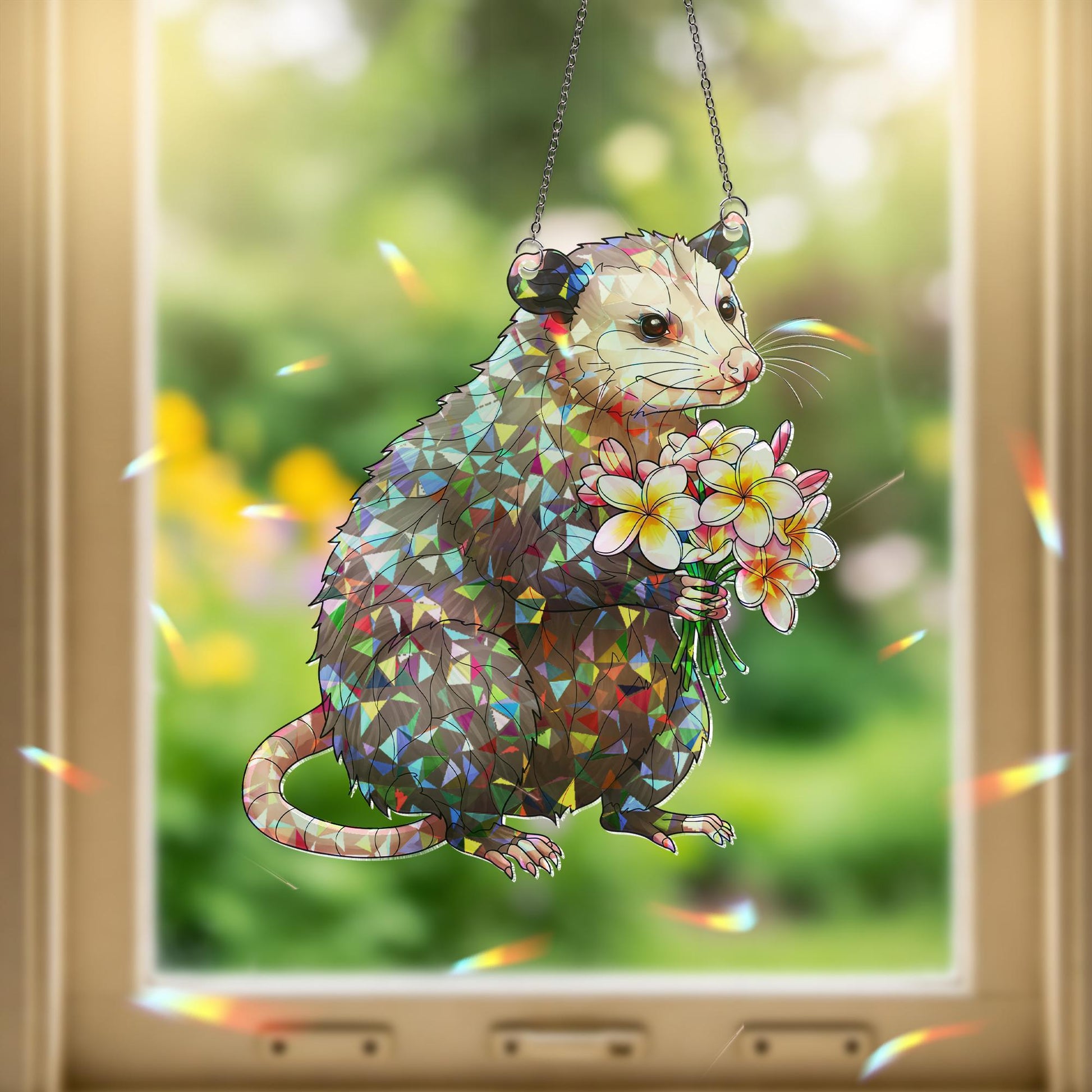Opossum with Plumeria Bouquet Hologram ACRYLIC Window Hanging, Cute Marsupial Floral Decor, Funny Animal Suncatcher, Gift for Nature Lovers