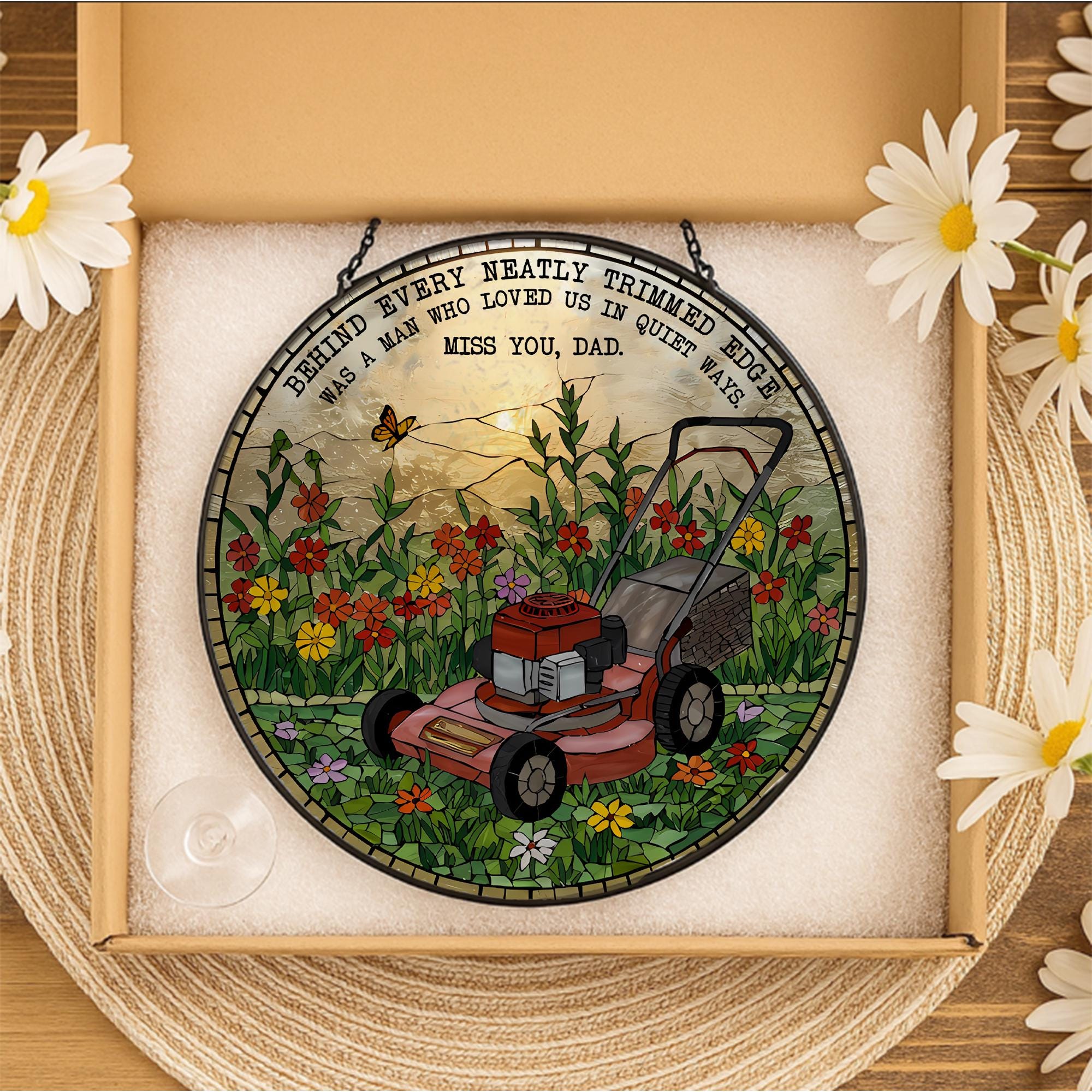 Father’s Day Memorial Suncatcher, Lawn Mower Glass Plaque, Dad Remembrance Gift, Garden Decor, In Memory of Dad, Stained Glass Art