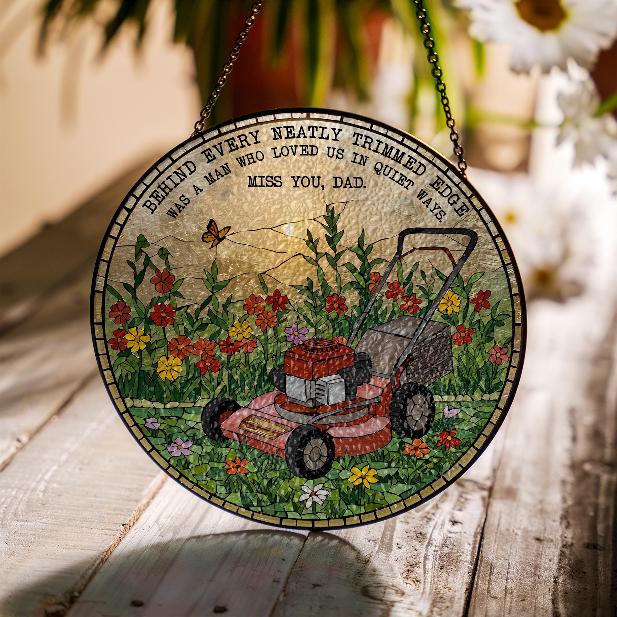 Father’s Day Memorial Suncatcher, Lawn Mower Glass Plaque, Dad Remembrance Gift, Garden Decor, In Memory of Dad, Stained Glass Art