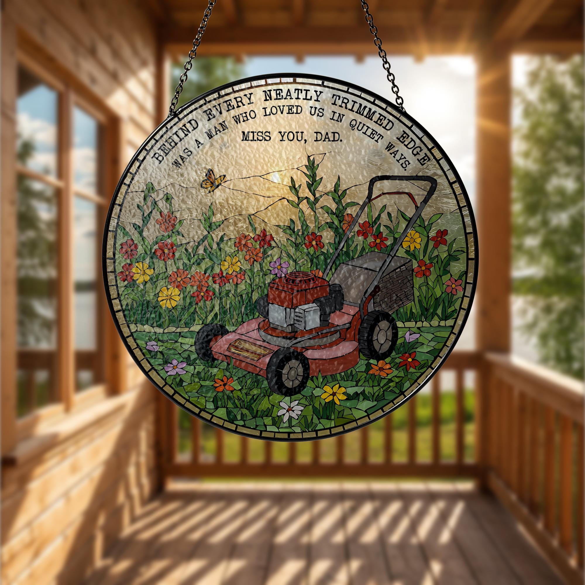 Father’s Day Memorial Suncatcher, Lawn Mower Glass Plaque, Dad Remembrance Gift, Garden Decor, In Memory of Dad, Stained Glass Art