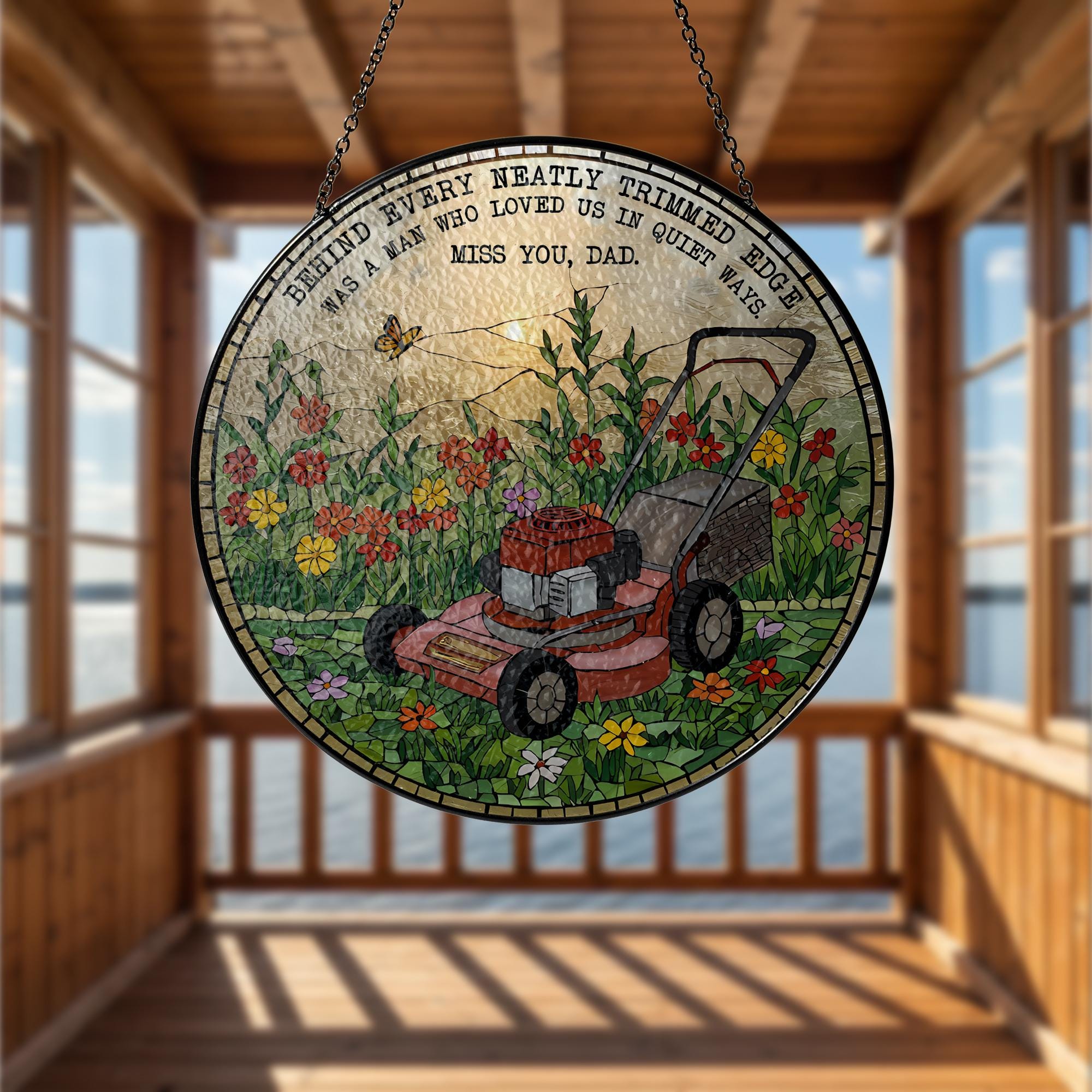 Father’s Day Memorial Suncatcher, Lawn Mower Glass Plaque, Dad Remembrance Gift, Garden Decor, In Memory of Dad, Stained Glass Art
