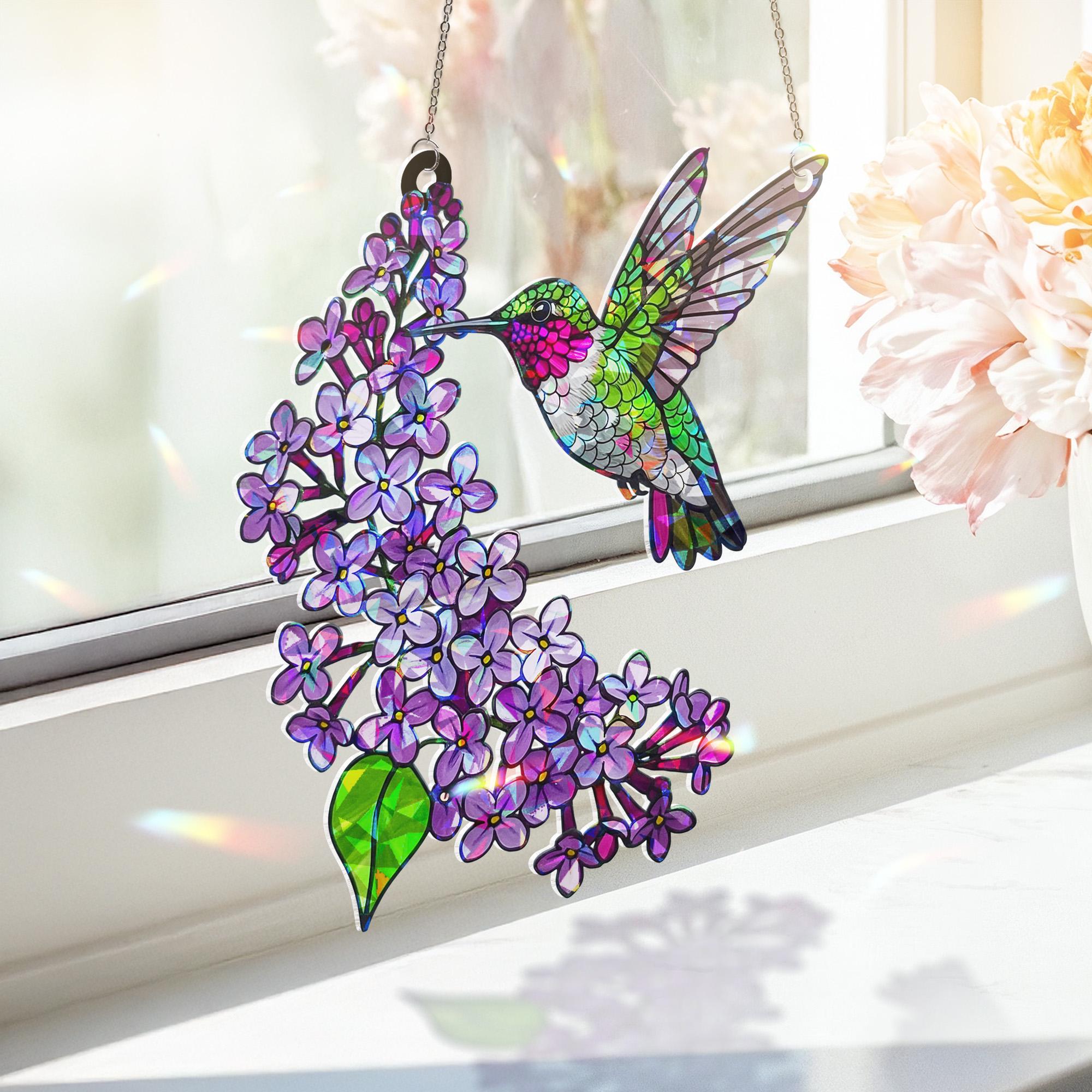 Anna's Hummingbird holographic Suncatcher - Mother's Day ACRYLIC Window Hanging Gift for Mom - Hummingbird Bird & Lilac Flower Decor