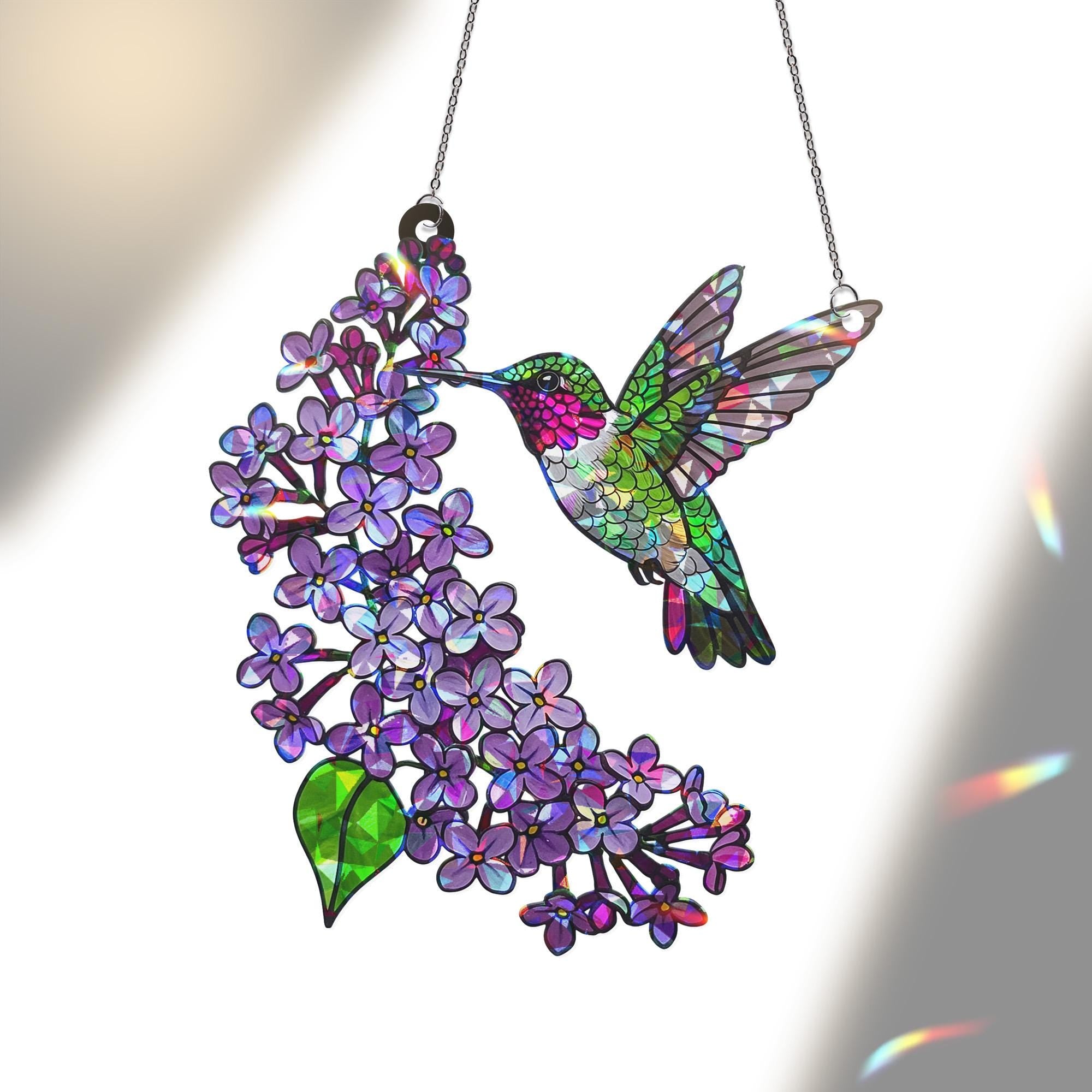 Anna's Hummingbird holographic Suncatcher - Mother's Day ACRYLIC Window Hanging Gift for Mom - Hummingbird Bird & Lilac Flower Decor