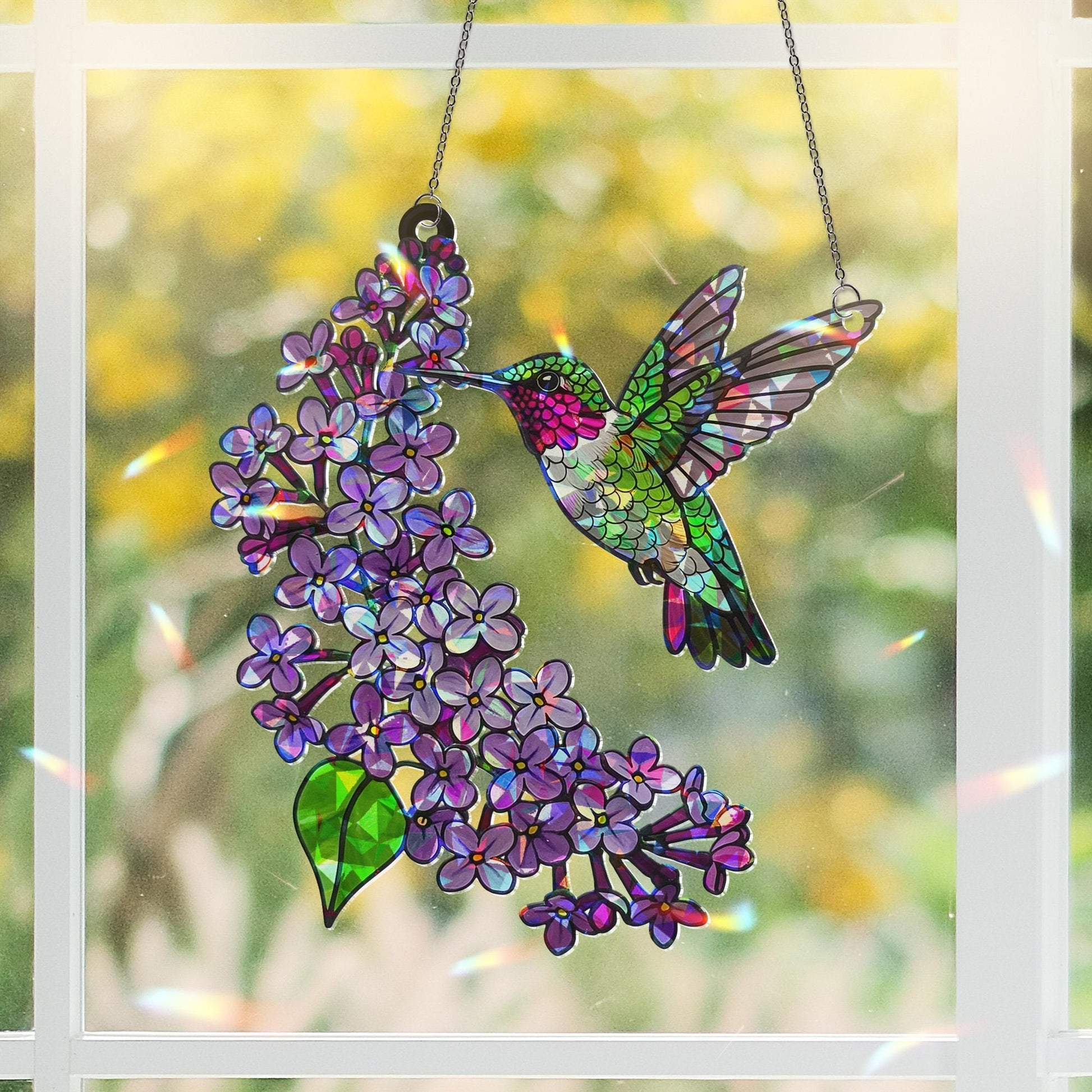 Anna's Hummingbird holographic Suncatcher - Mother's Day ACRYLIC Window Hanging Gift for Mom - Hummingbird Bird & Lilac Flower Decor