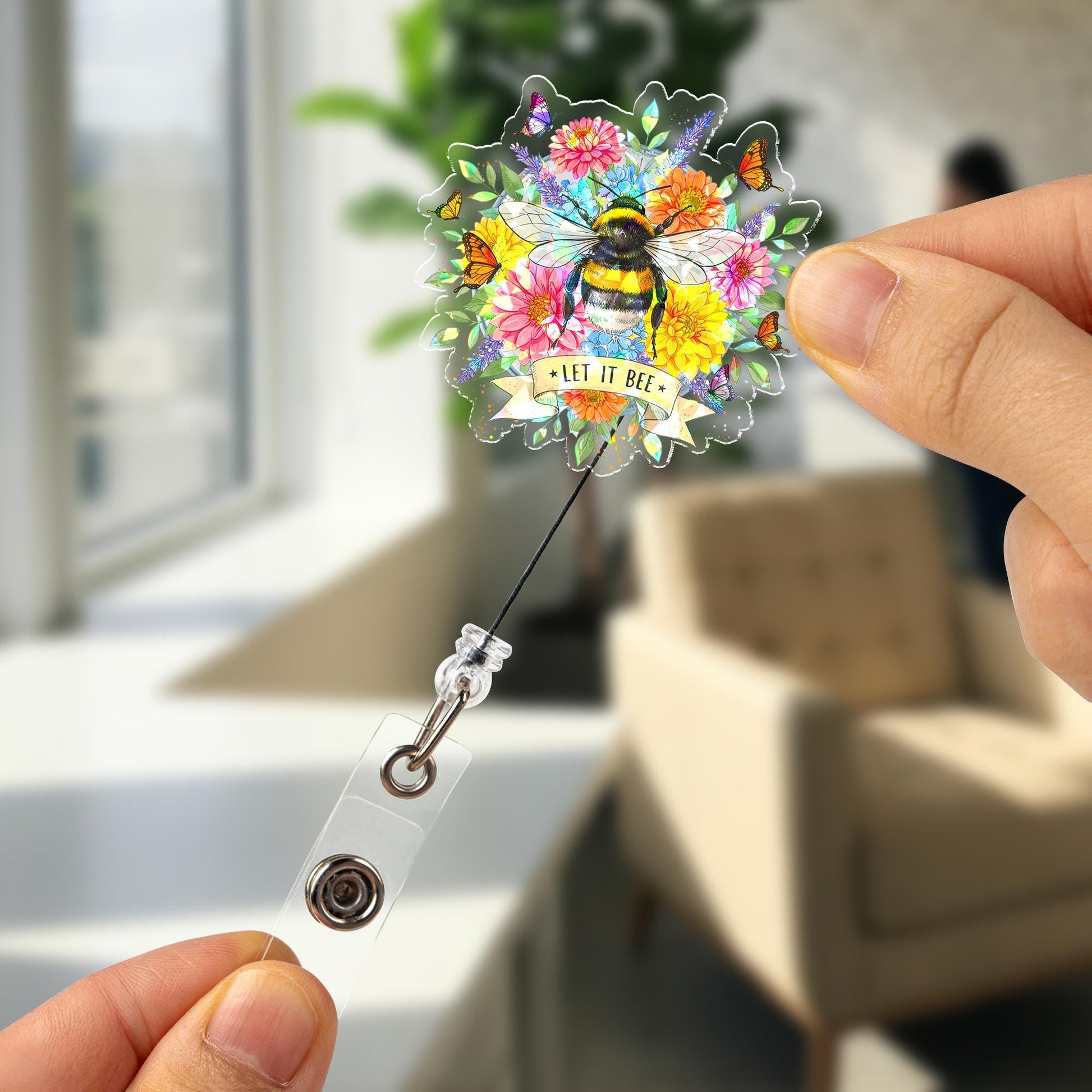 Let It Bee Hologram Badge Reel, Cute Bumblebee Floral ID Holder, Spring Flowers Butterfly Accessory for Nurse Teacher Office Worker Gift
