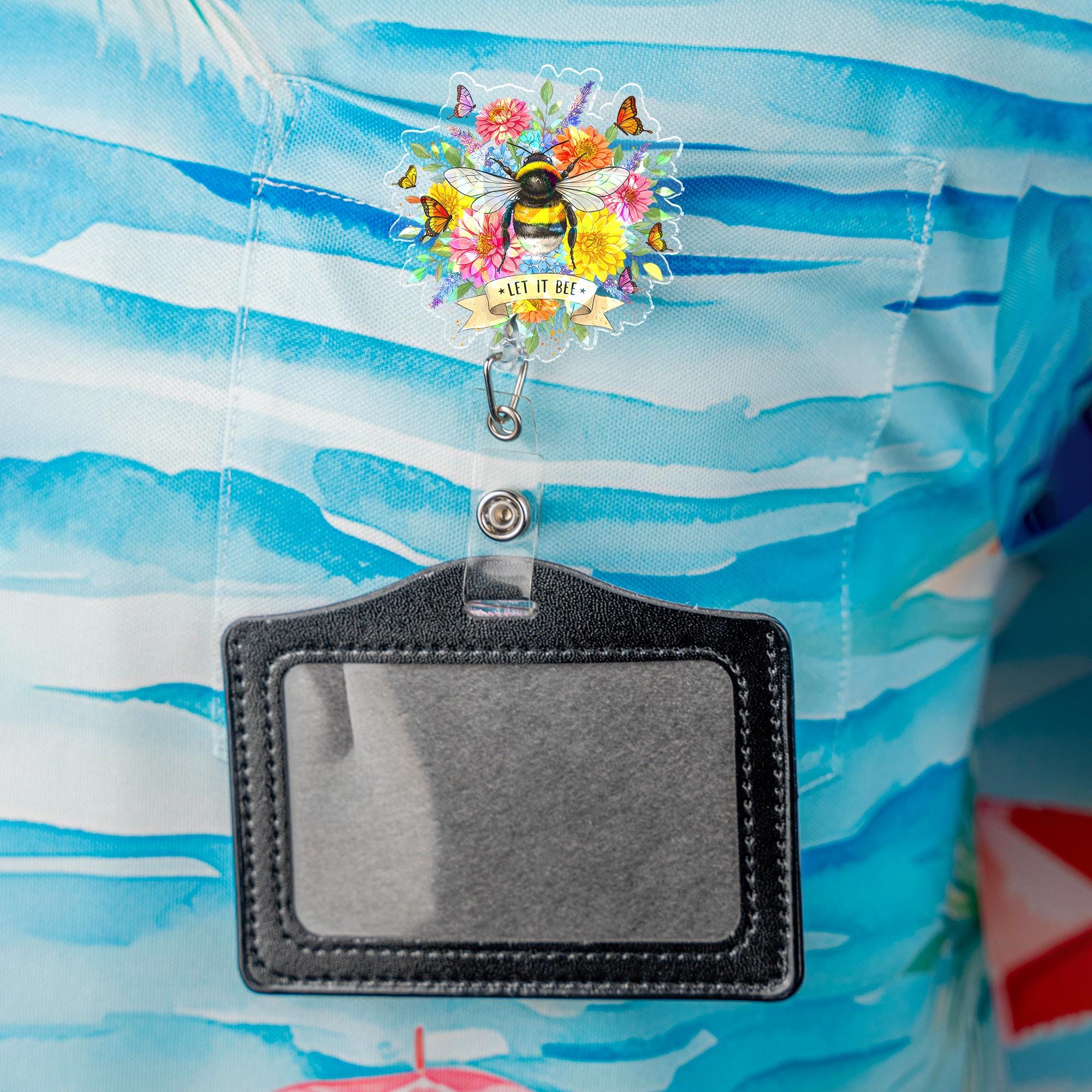 Let It Bee Hologram Badge Reel, Cute Bumblebee Floral ID Holder, Spring Flowers Butterfly Accessory for Nurse Teacher Office Worker Gift