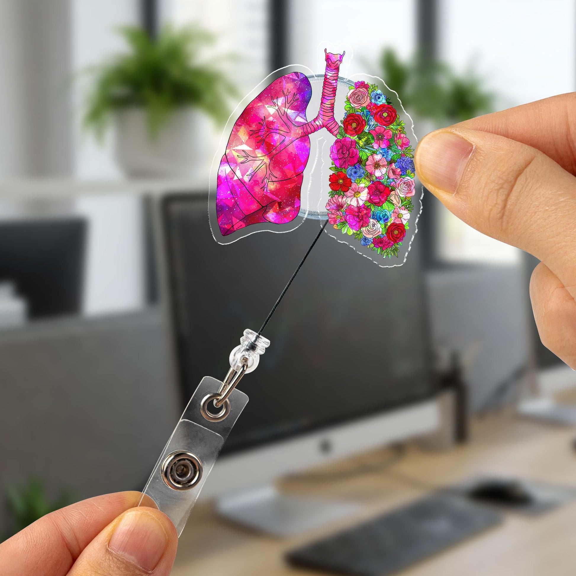 Holographic Floral Anatomical Lung Badge Reel, Cute Acrylic ID Holder for Nurse, Doctor, RT Gift, Medical Staff Accessory,Hologram ID Holder