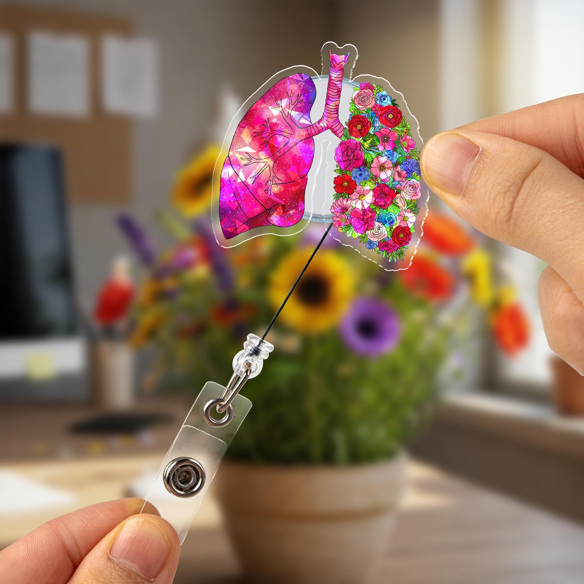 Holographic Floral Anatomical Lung Badge Reel, Cute Acrylic ID Holder for Nurse, Doctor, RT Gift, Medical Staff Accessory,Hologram ID Holder