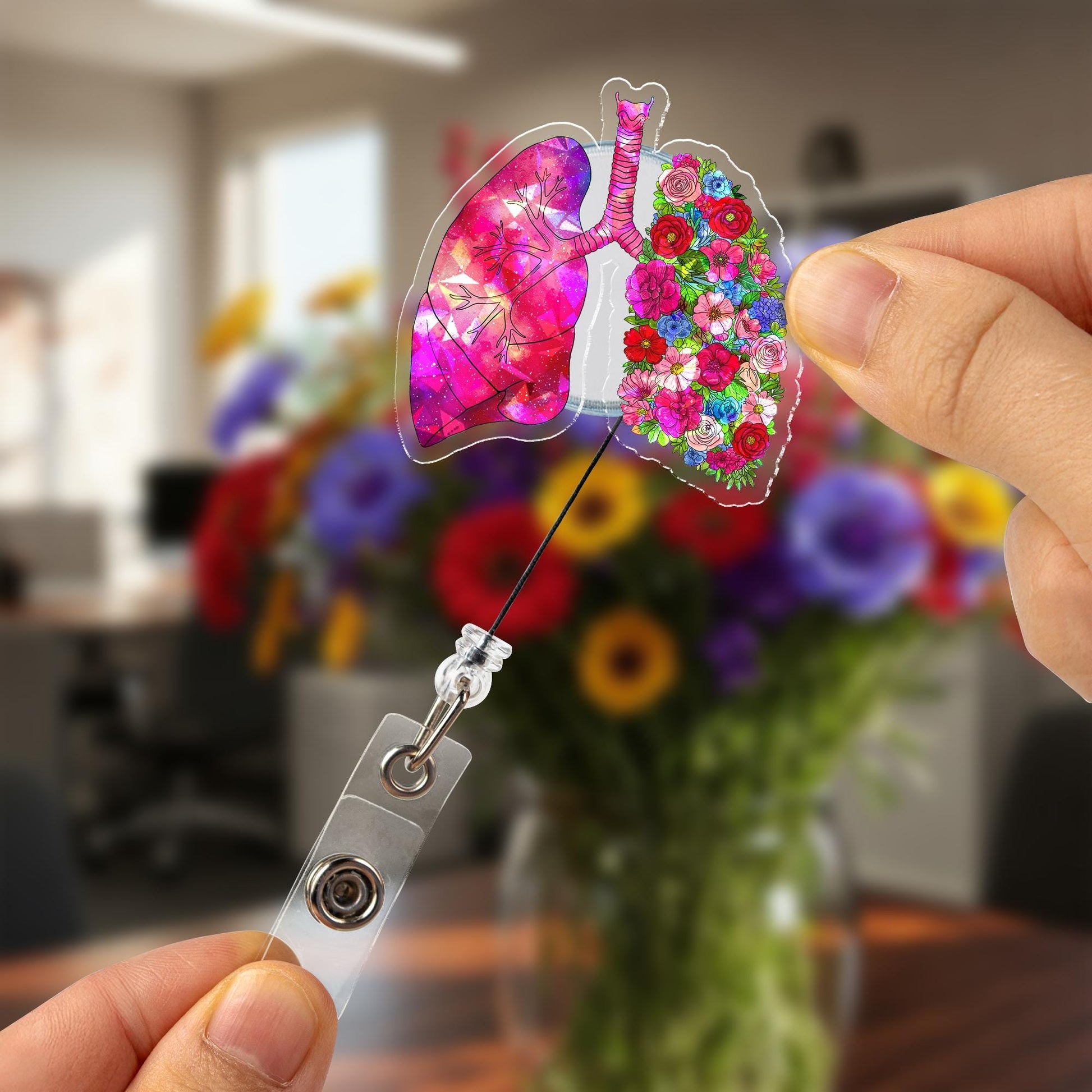 Holographic Floral Anatomical Lung Badge Reel, Cute Acrylic ID Holder for Nurse, Doctor, RT Gift, Medical Staff Accessory,Hologram ID Holder