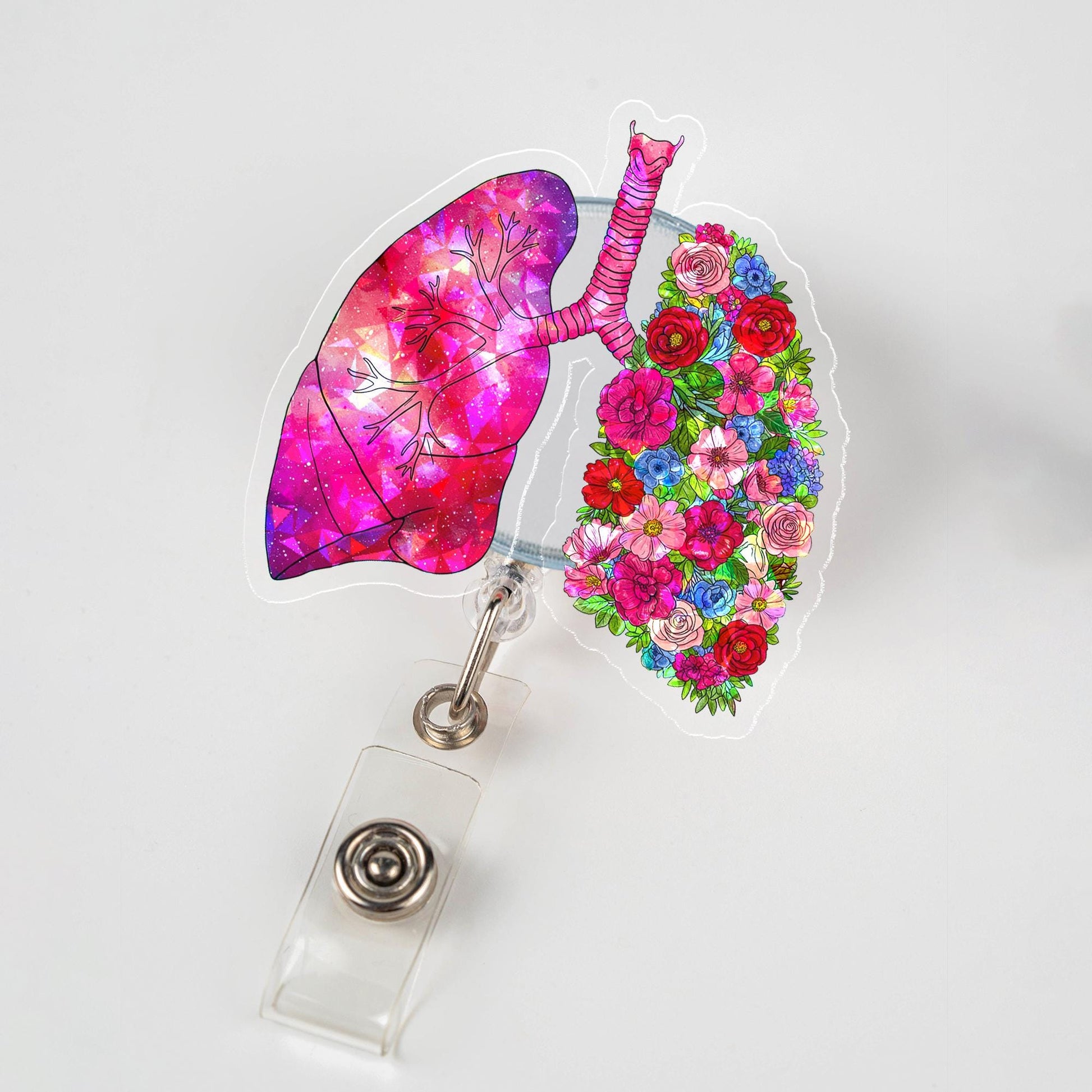 Holographic Floral Anatomical Lung Badge Reel, Cute Acrylic ID Holder for Nurse, Doctor, RT Gift, Medical Staff Accessory,Hologram ID Holder