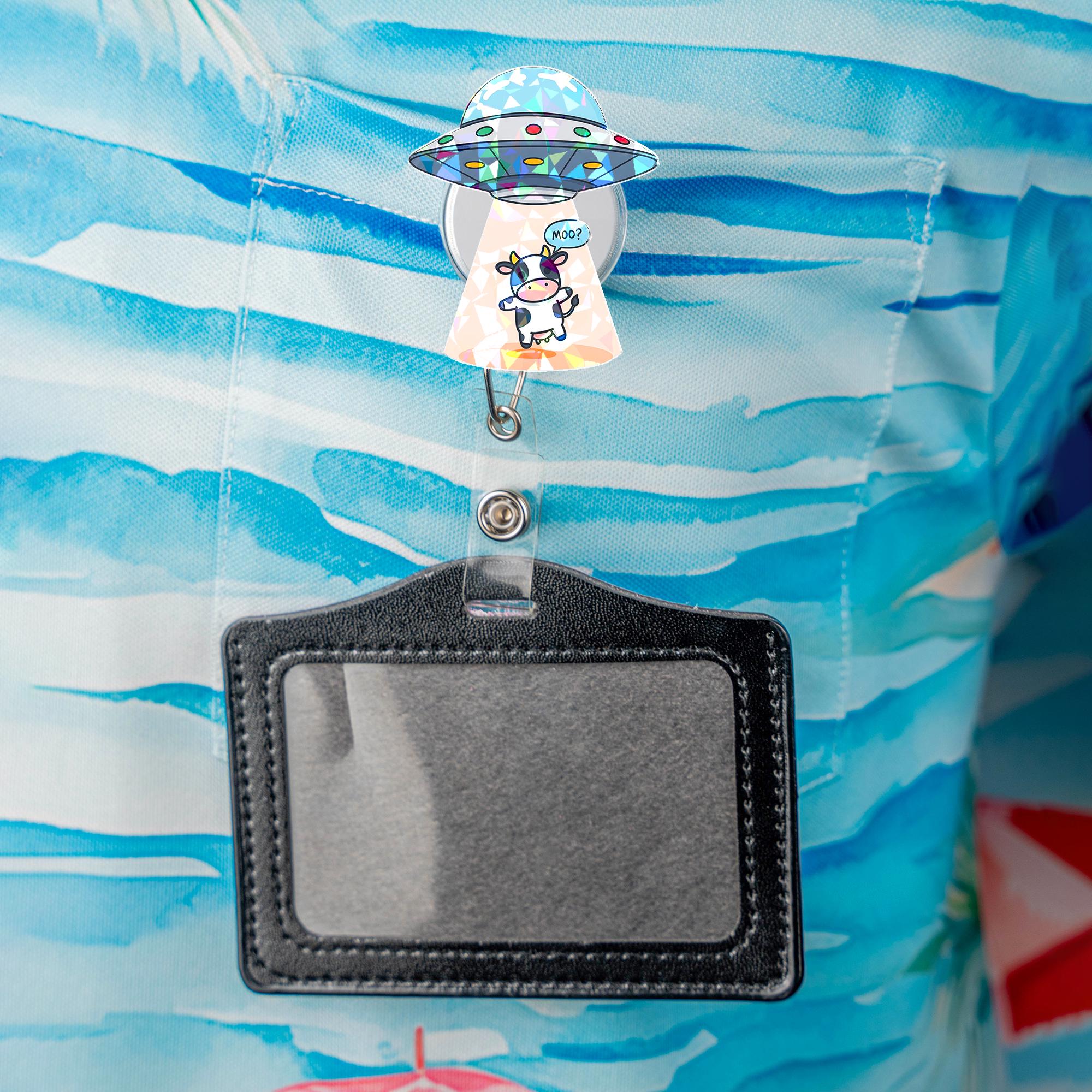 Holographic Ufo Cow Abduction Badge Reel, Funny Alien Spaceship ID Holder, Cute Nurse Gift, Retractable Lanyard for RN, Teacher ID