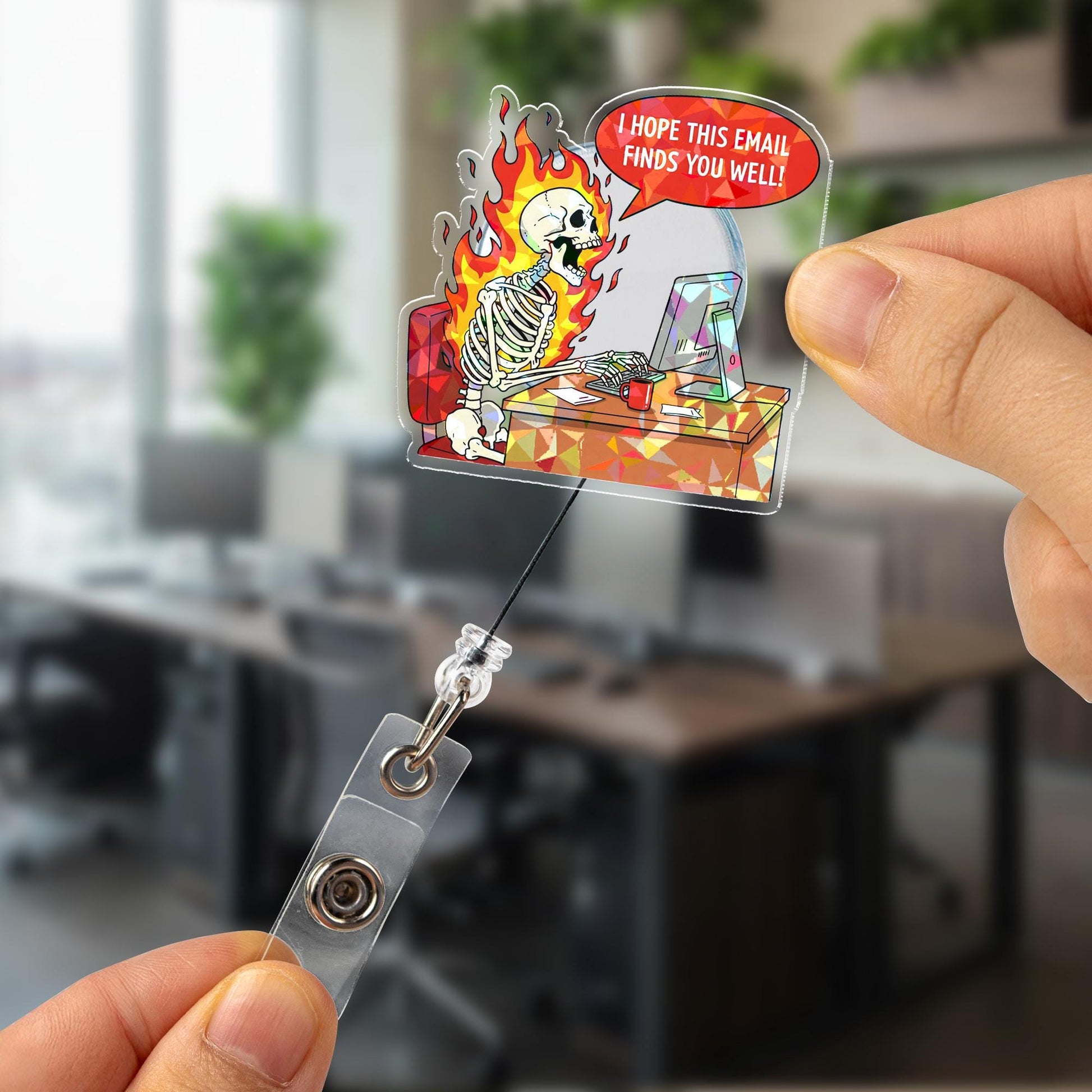 Funny Skeleton Email Badge Reel "Hope This Finds You Well" Sarcastic Holographic Office Humor Retractable ID Holder Gift for Nurse Teacher