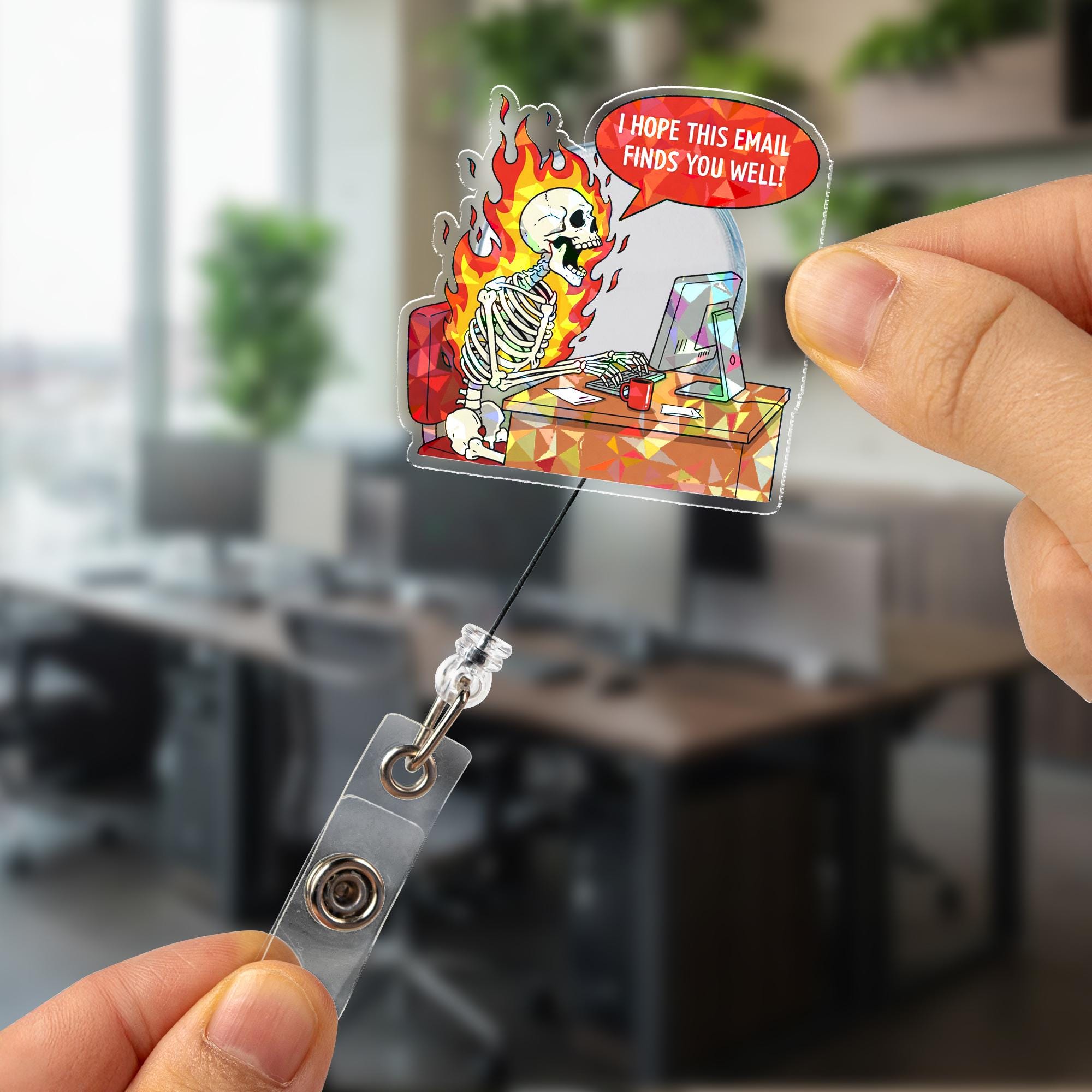 Funny Skeleton Email Badge Reel "Hope This Finds You Well" Sarcastic Holographic Office Humor Retractable ID Holder Gift for Nurse Teacher