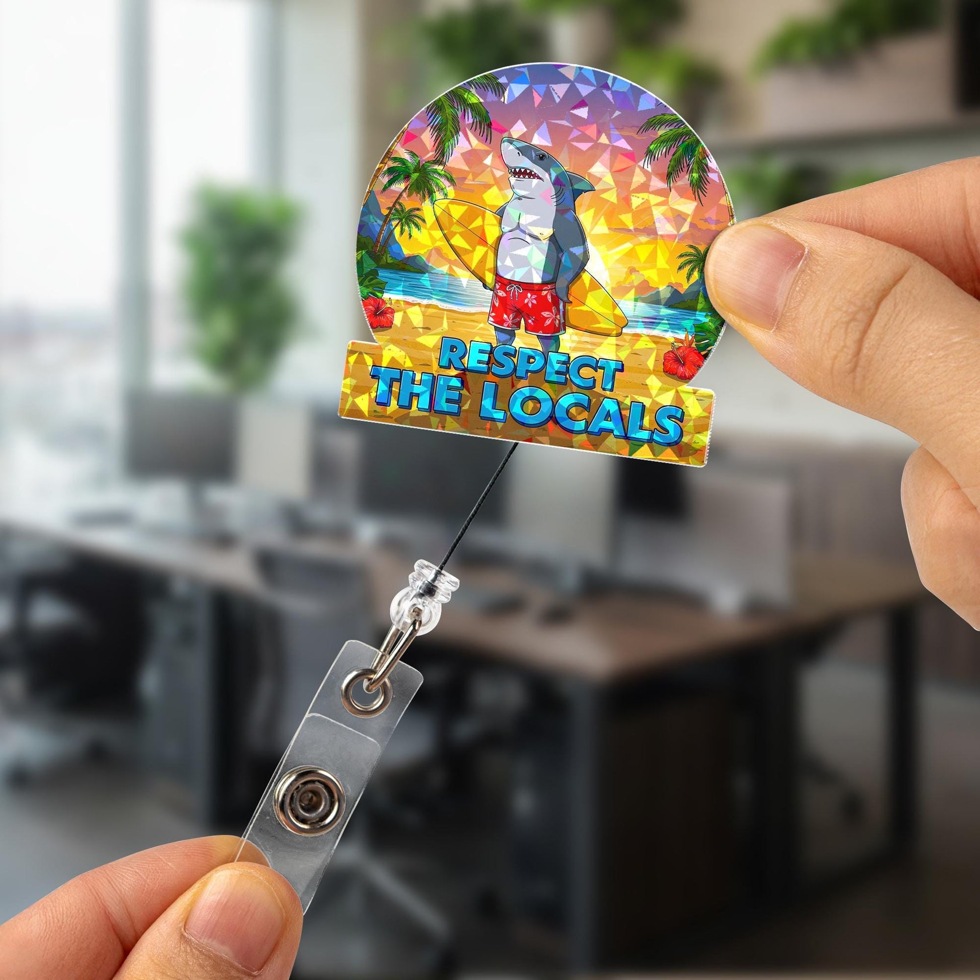 Holographic Respect The Locals Shark Badge Reel, Funny Surfer Shark ID Holder, Tropical Beach Nurse Teacher Gift, Retractable Lanyard