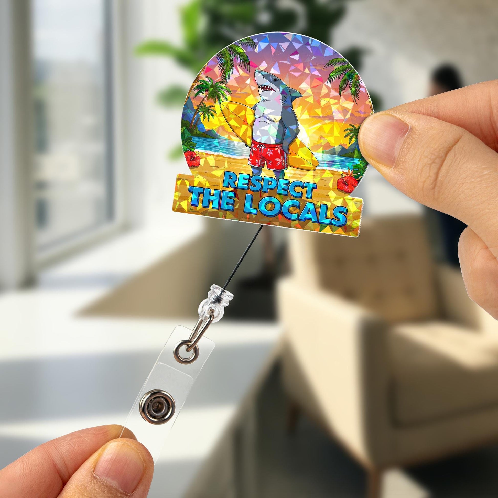 Holographic Respect The Locals Shark Badge Reel, Funny Surfer Shark ID Holder, Tropical Beach Nurse Teacher Gift, Retractable Lanyard
