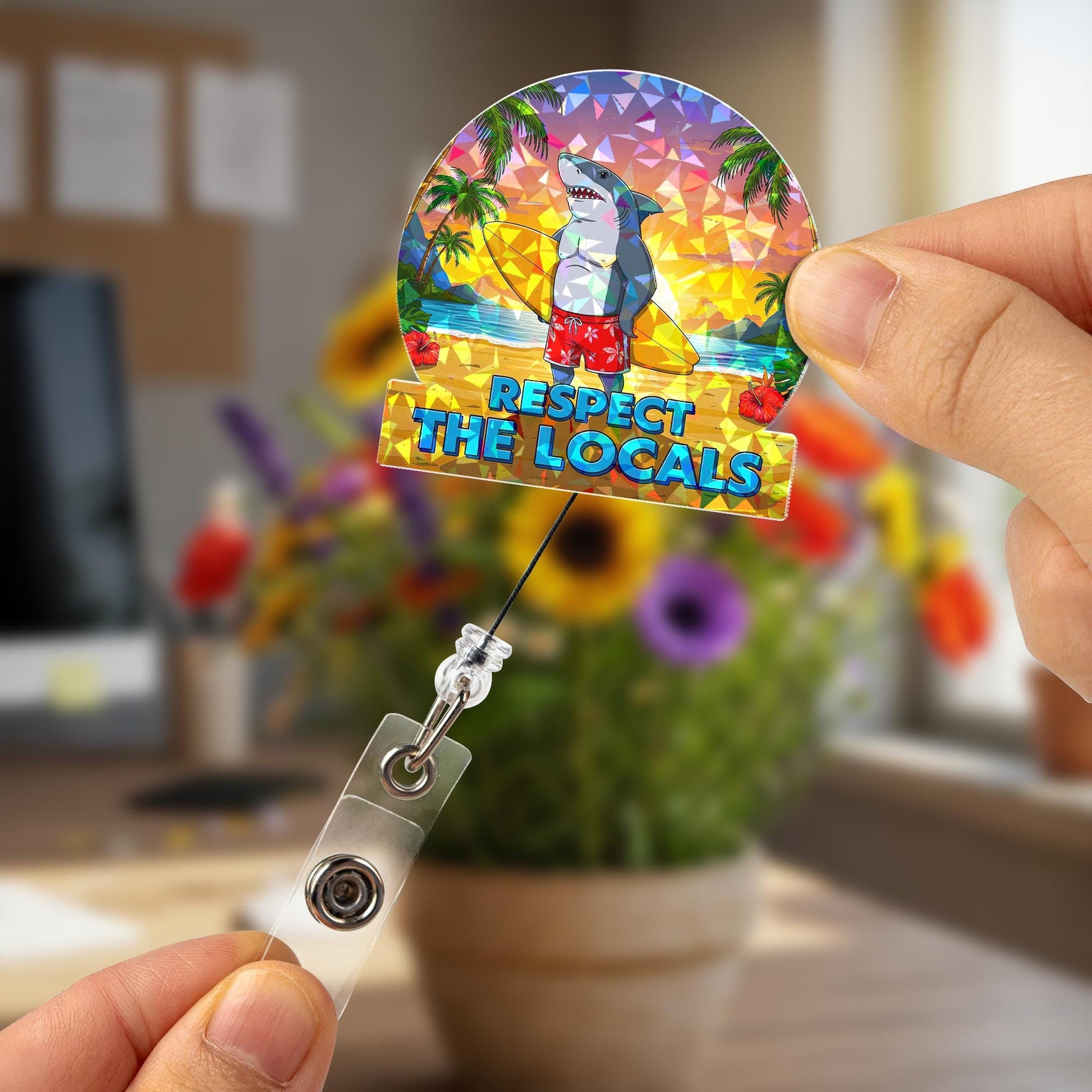 Holographic Respect The Locals Shark Badge Reel, Funny Surfer Shark ID Holder, Tropical Beach Nurse Teacher Gift, Retractable Lanyard