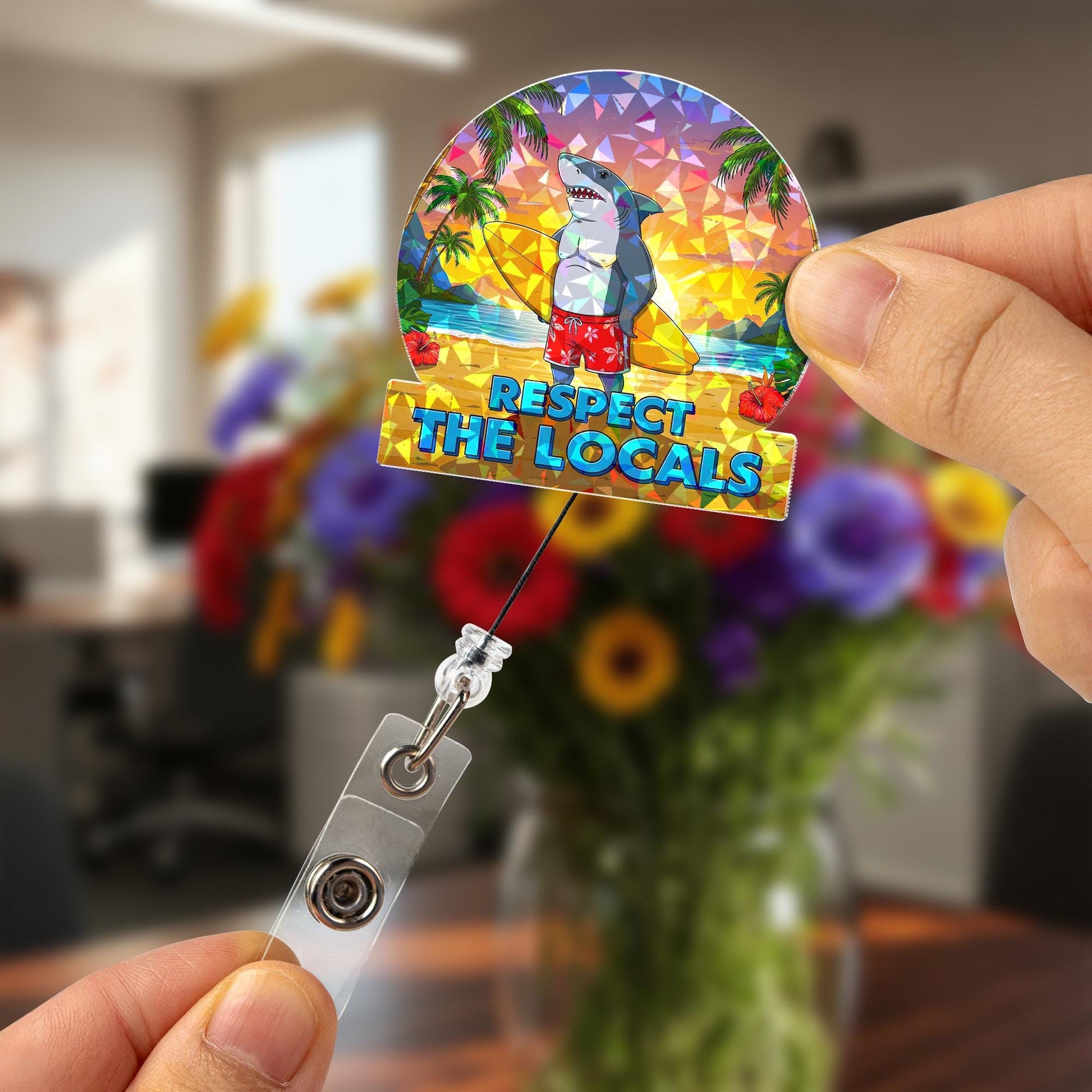 Holographic Respect The Locals Shark Badge Reel, Funny Surfer Shark ID Holder, Tropical Beach Nurse Teacher Gift, Retractable Lanyard