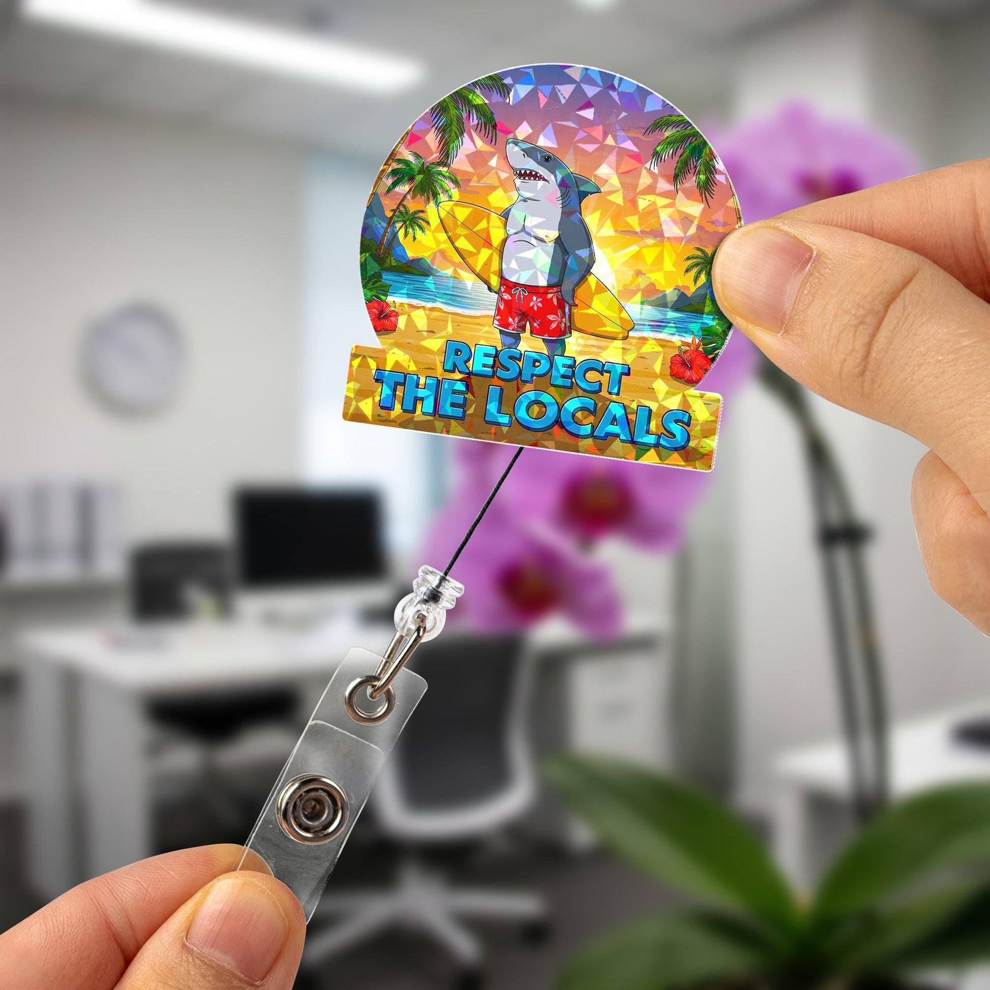 Holographic Respect The Locals Shark Badge Reel, Funny Surfer Shark ID Holder, Tropical Beach Nurse Teacher Gift, Retractable Lanyard