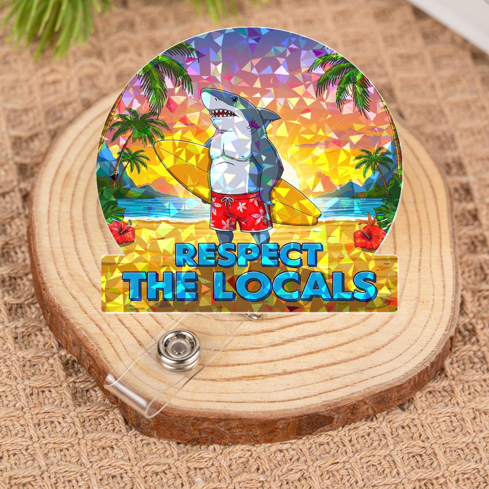 Holographic Respect The Locals Shark Badge Reel, Funny Surfer Shark ID Holder, Tropical Beach Nurse Teacher Gift, Retractable Lanyard
