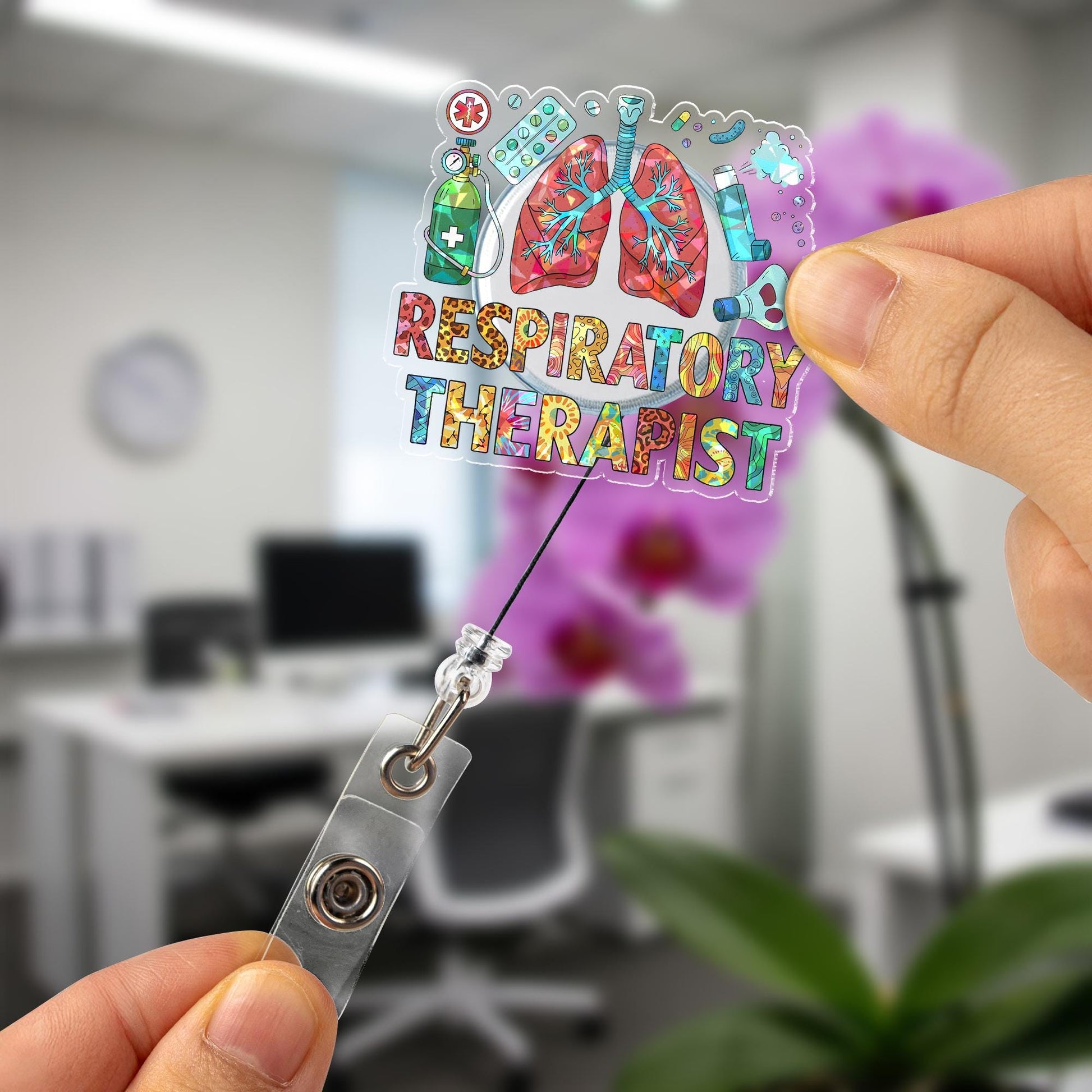 Holographic Respiratory Therapist Badge Reel, Floral Lungs Design, Retractable ID Holder, Cute Gift for RT, RRT, Nurse, Healthcare Pro