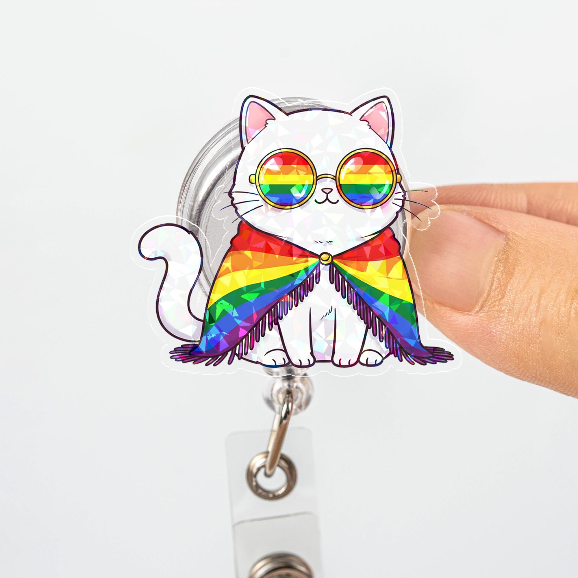 LGBTQ Pride Cat Badge Reel, Rainbow Flag Cape Sunglasses Retractable ID Holder, Nurse Teacher Vet Tech Gift, Pride Month Acrylic Badge Reel