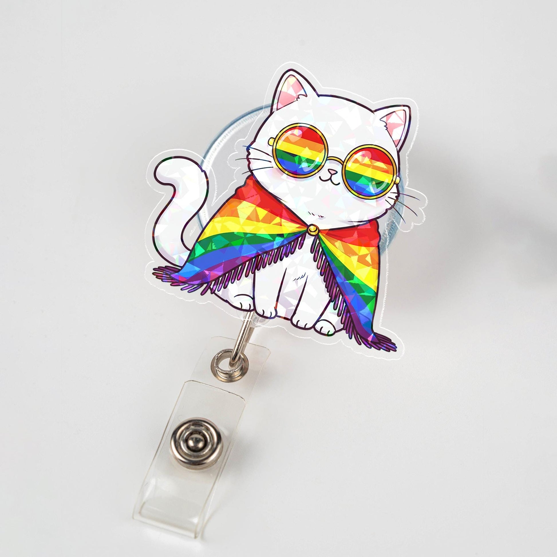 LGBTQ Pride Cat Badge Reel, Rainbow Flag Cape Sunglasses Retractable ID Holder, Nurse Teacher Vet Tech Gift, Pride Month Acrylic Badge Reel