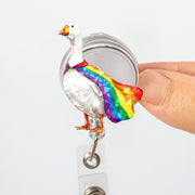 Funny Goose Badge Reel, Holographic Goose with Rainbow Pride Cape, Cute Retractable ID Holder, LGBTQ Ally Nurse Teacher Office Gift