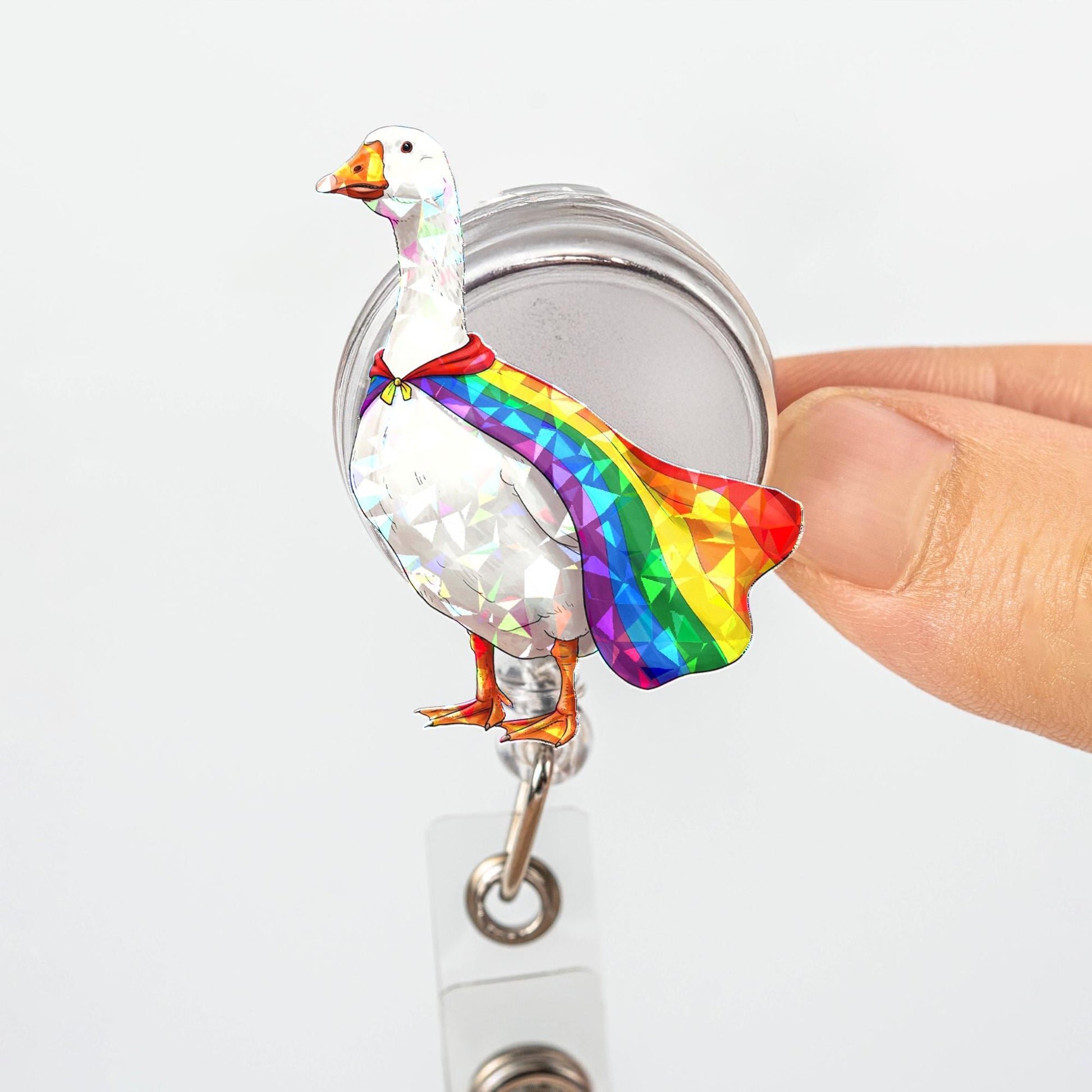 Funny Goose Badge Reel, Holographic Goose with Rainbow Pride Cape, Cute Retractable ID Holder, LGBTQ Ally Nurse Teacher Office Gift