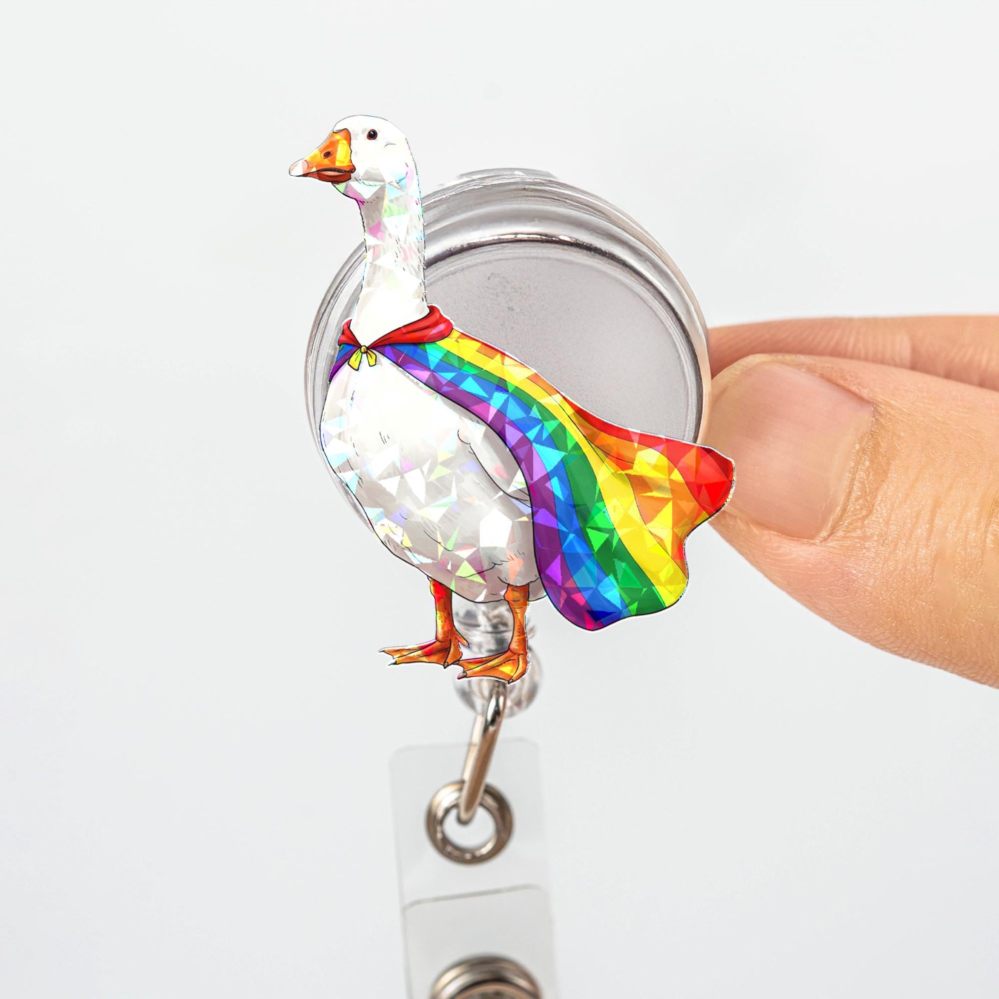 Funny Goose Badge Reel, Holographic Goose with Rainbow Pride Cape, Cute Retractable ID Holder, LGBTQ Ally Nurse Teacher Office Gift