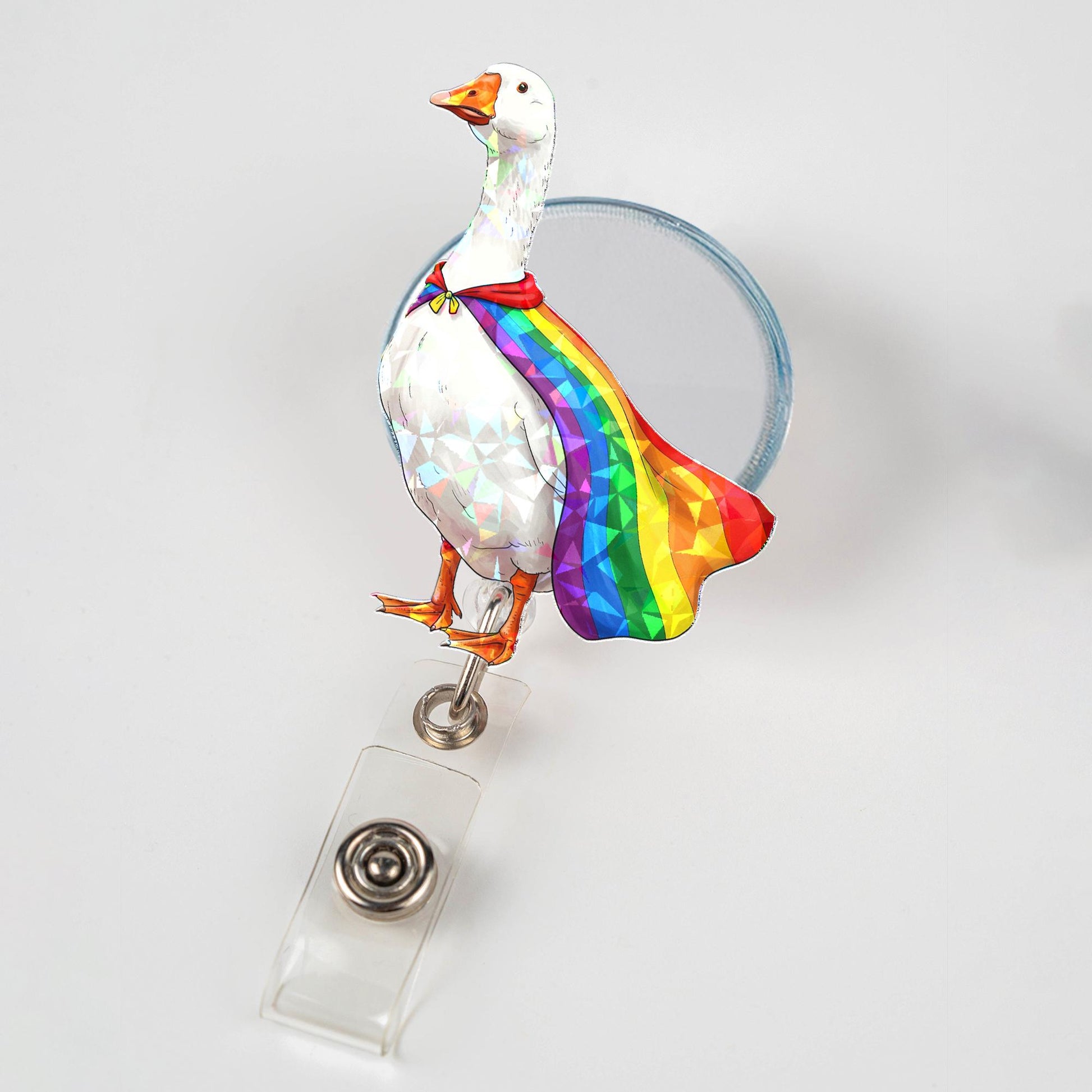 Funny Goose Badge Reel, Holographic Goose with Rainbow Pride Cape, Cute Retractable ID Holder, LGBTQ Ally Nurse Teacher Office Gift