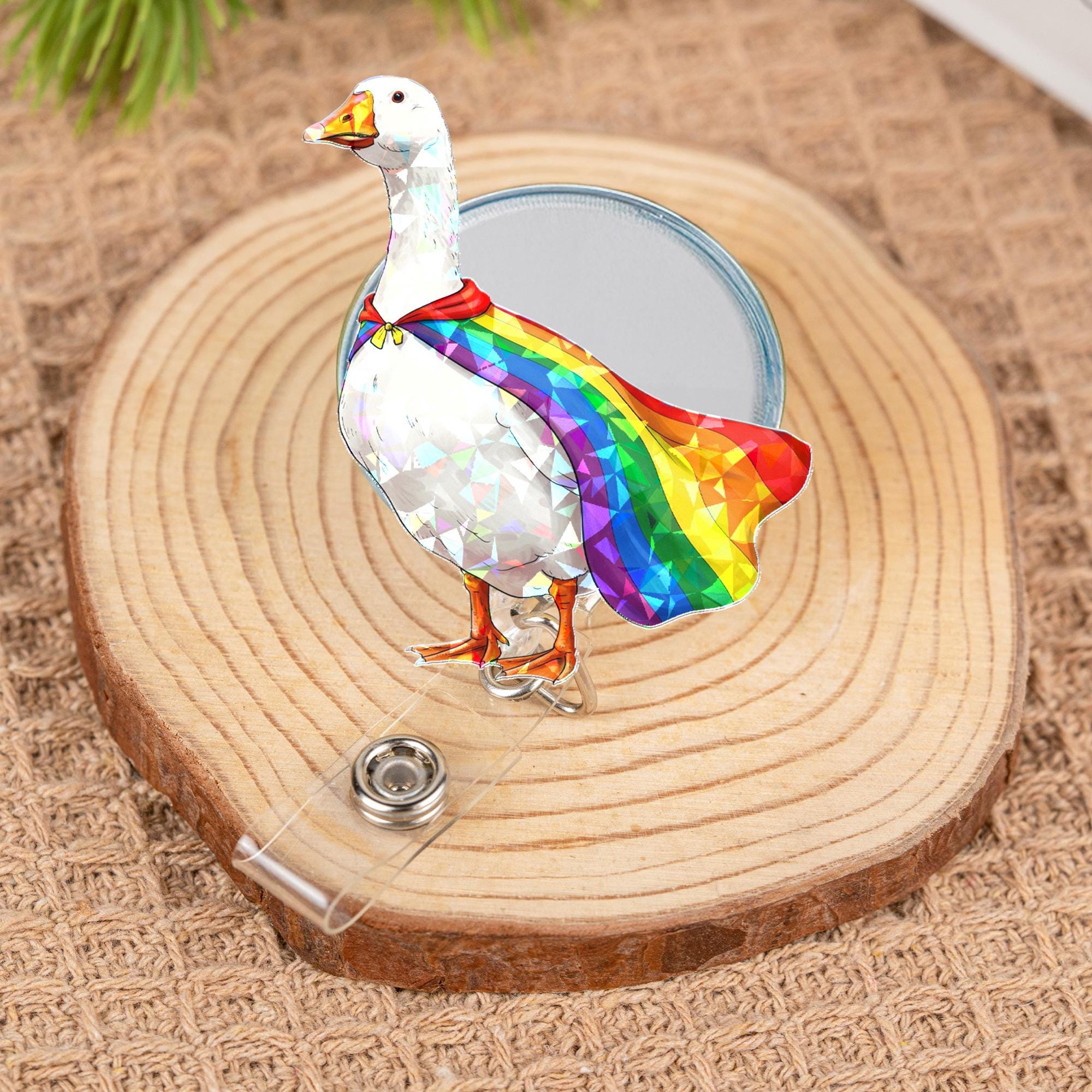 Funny Goose Badge Reel, Holographic Goose with Rainbow Pride Cape, Cute Retractable ID Holder, LGBTQ Ally Nurse Teacher Office Gift