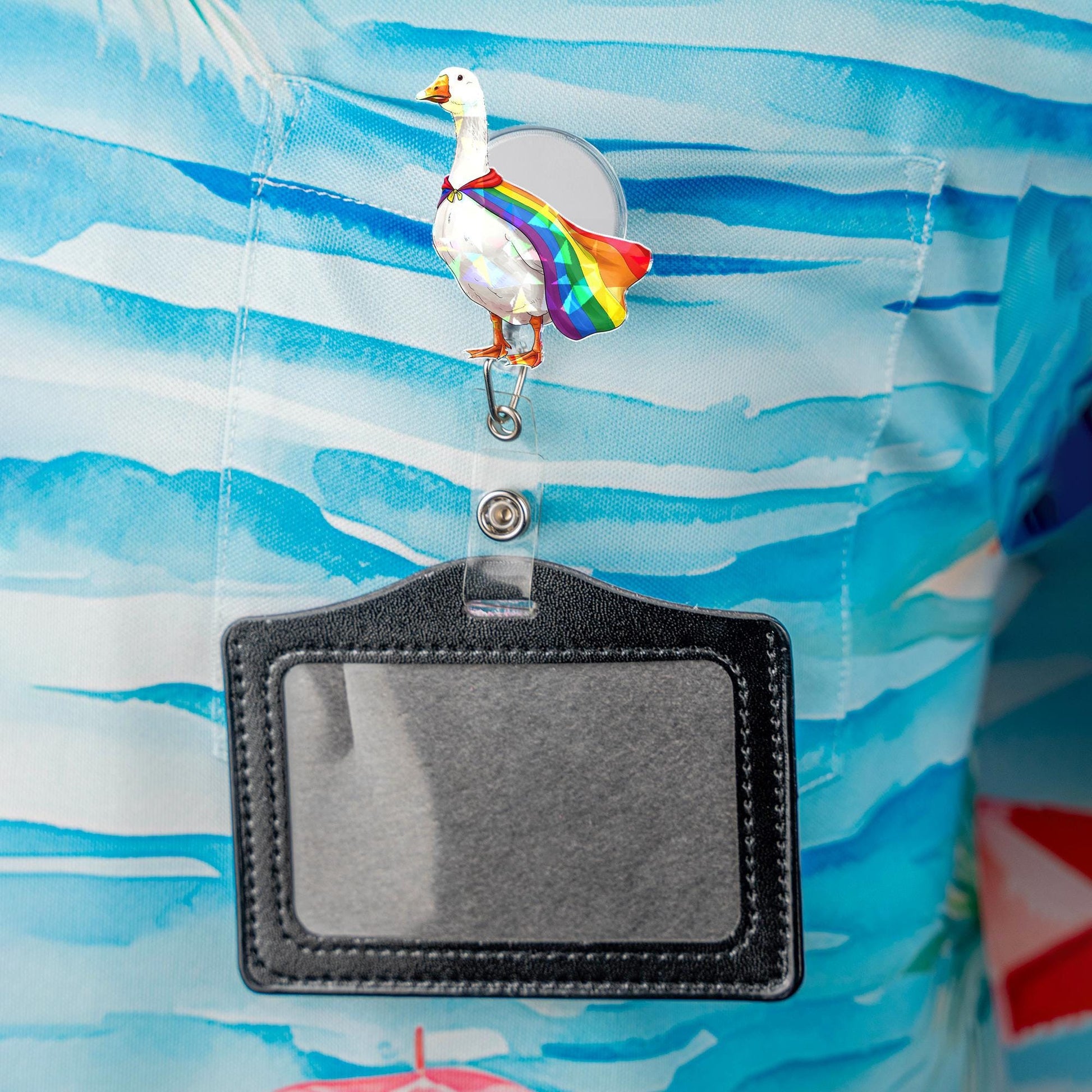 Funny Goose Badge Reel, Holographic Goose with Rainbow Pride Cape, Cute Retractable ID Holder, LGBTQ Ally Nurse Teacher Office Gift