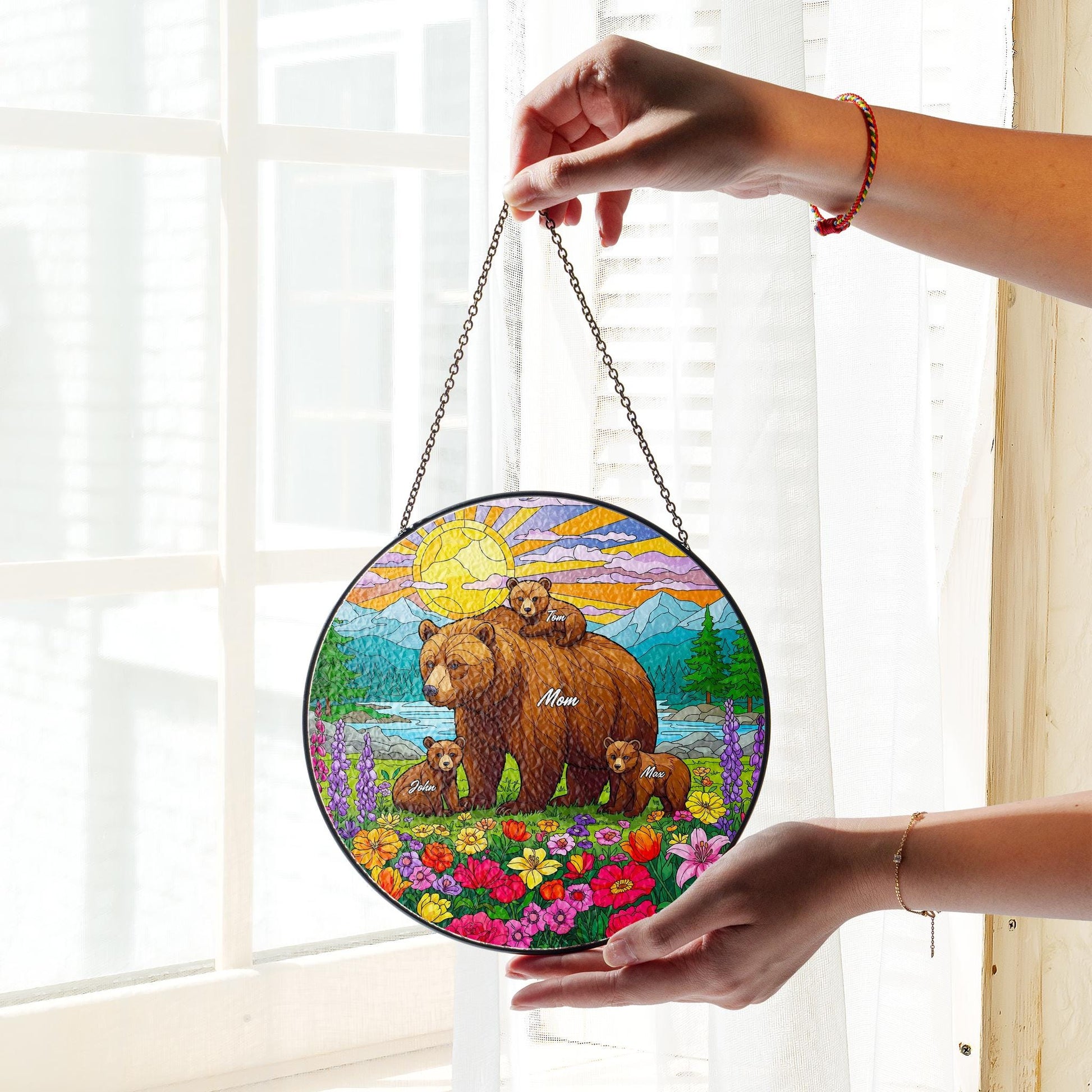 Personalized Mama Bear with Cub Names Glass Suncatcher Window Hanging, Custom Family Gift for Mom, Nature Decor, Mother's Day Ornament