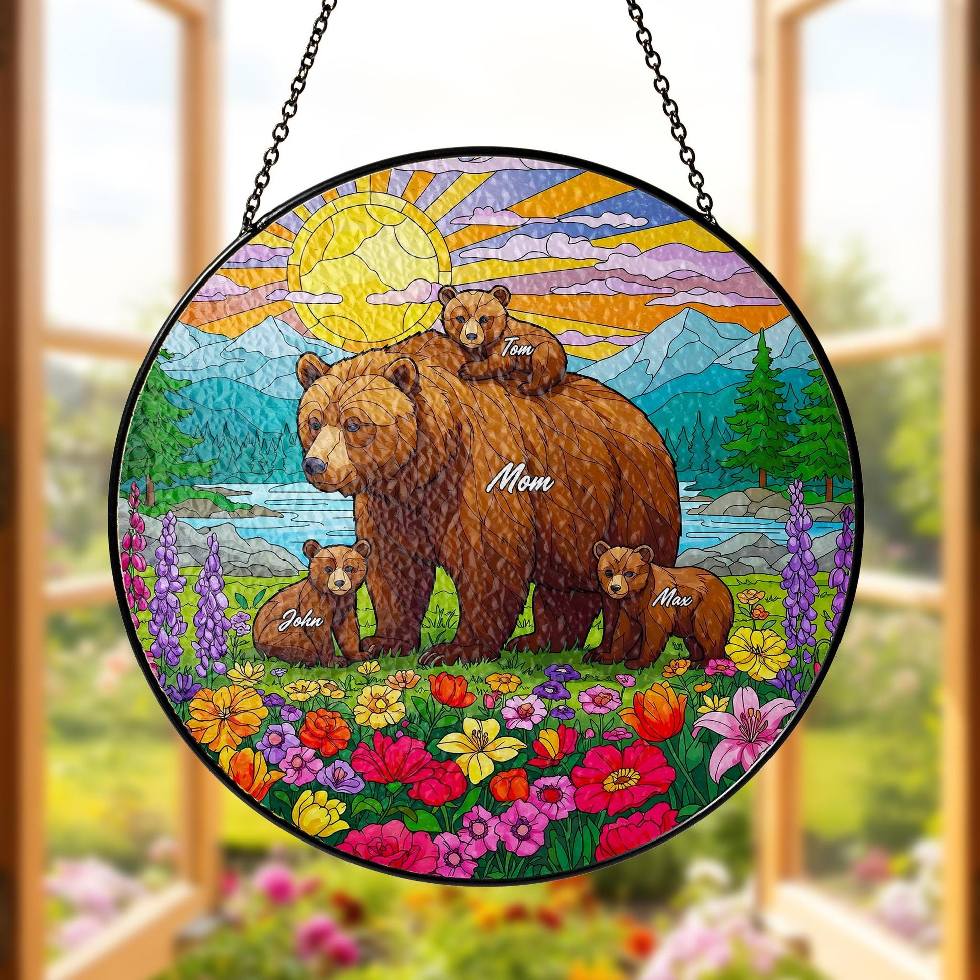 Personalized Mama Bear with Cub Names Glass Suncatcher Window Hanging, Custom Family Gift for Mom, Nature Decor, Mother's Day Ornament