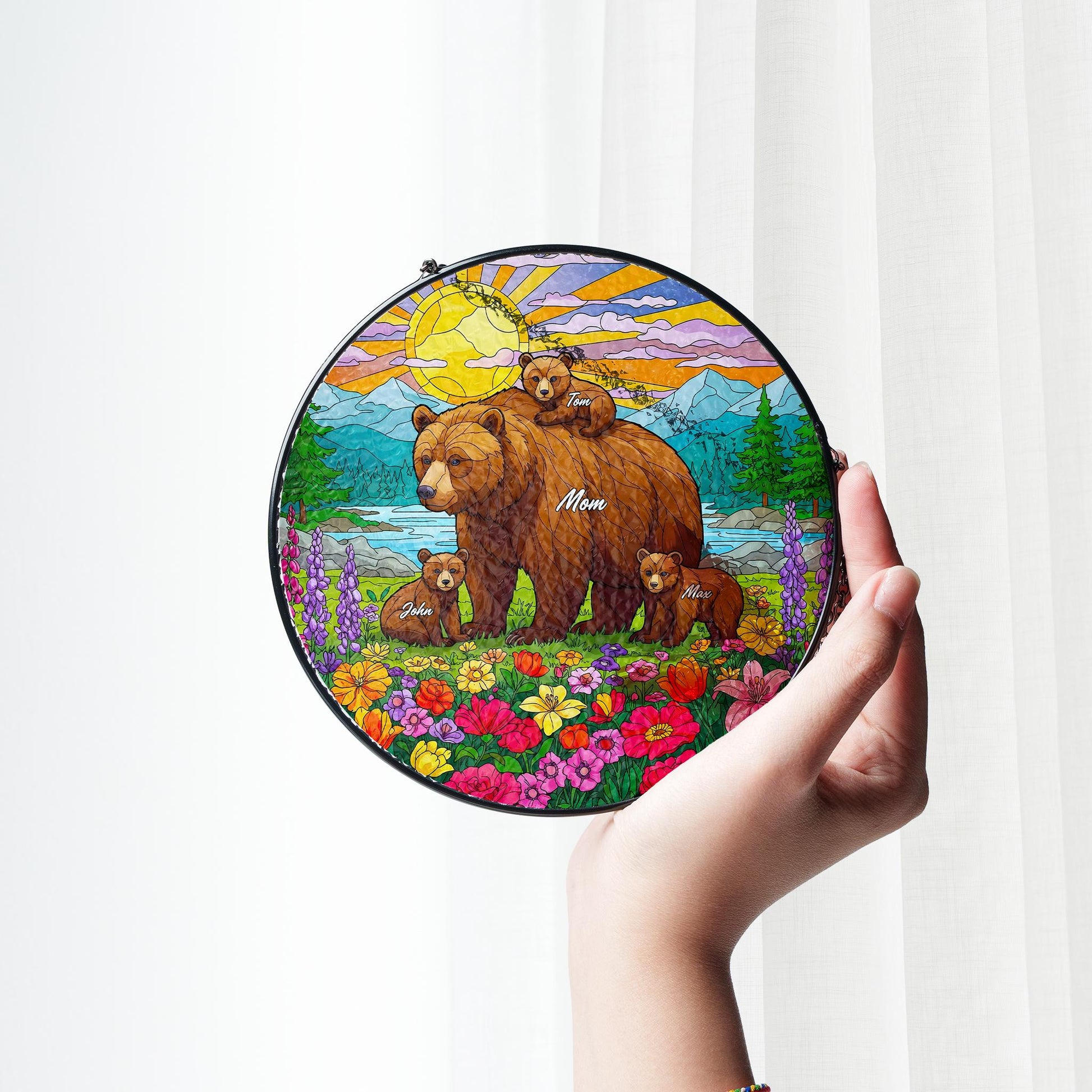 Personalized Mama Bear with Cub Names Glass Suncatcher Window Hanging, Custom Family Gift for Mom, Nature Decor, Mother's Day Ornament