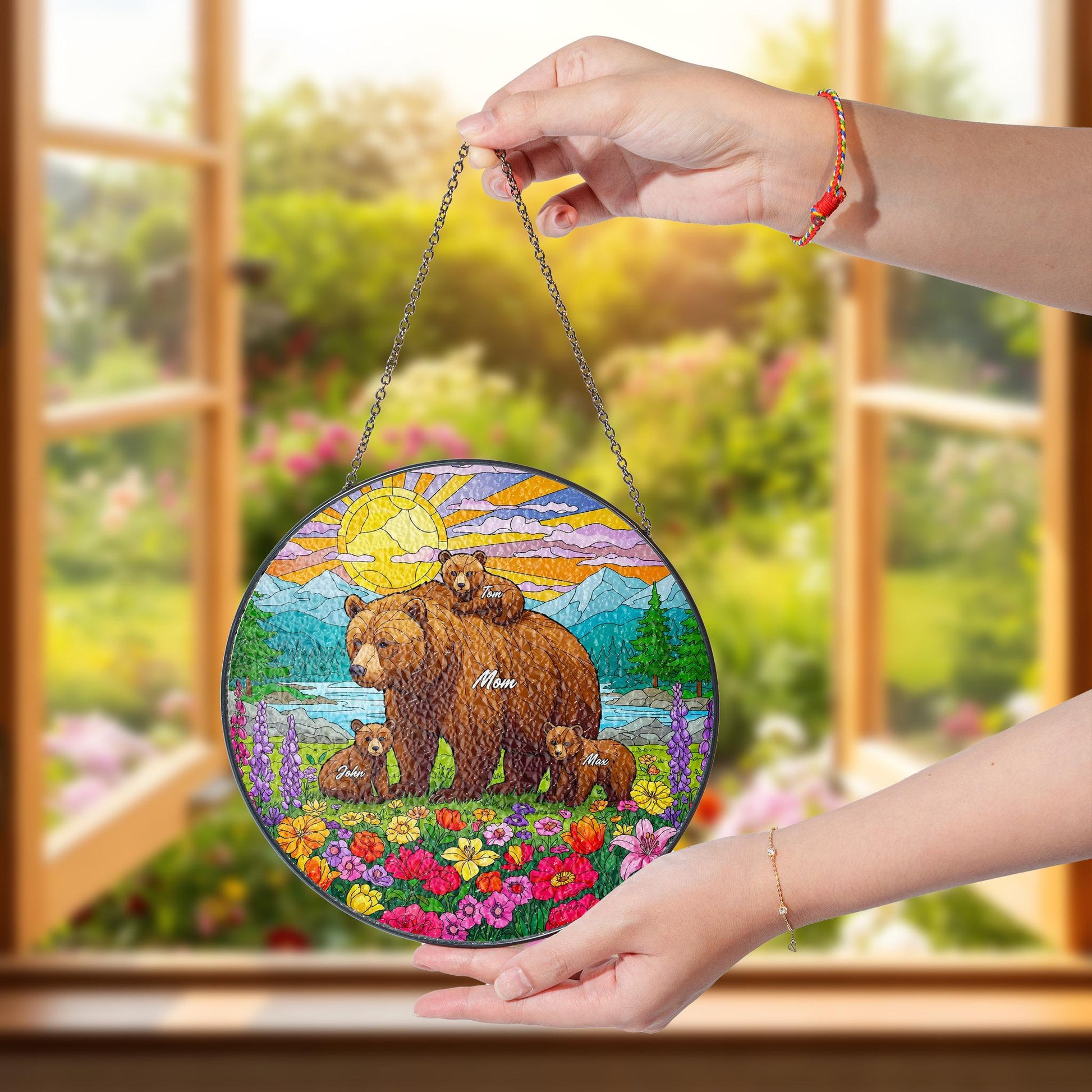 Personalized Mama Bear with Cub Names Glass Suncatcher Window Hanging, Custom Family Gift for Mom, Nature Decor, Mother's Day Ornament