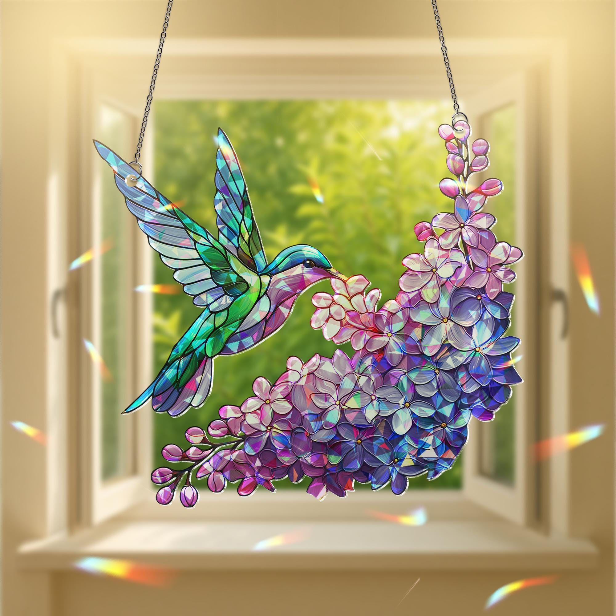 Hummingbird and Lilac Holographic Acrylic Suncatcher – Mother's Day Gift for Mom, Window Decor Rainbow Maker gift for nana