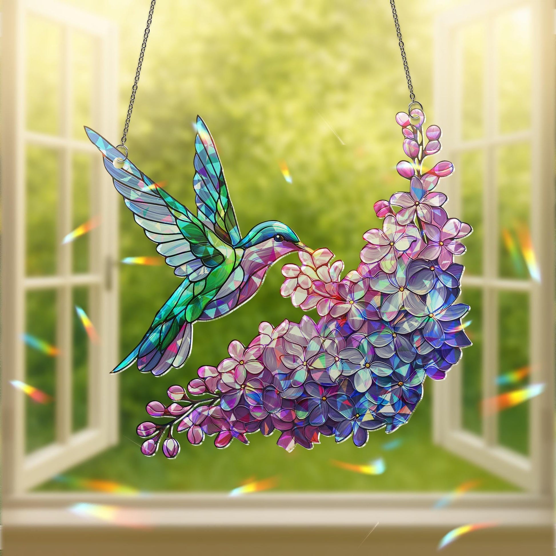 Hummingbird and Lilac Holographic Acrylic Suncatcher – Mother's Day Gift for Mom, Window Decor Rainbow Maker gift for nana
