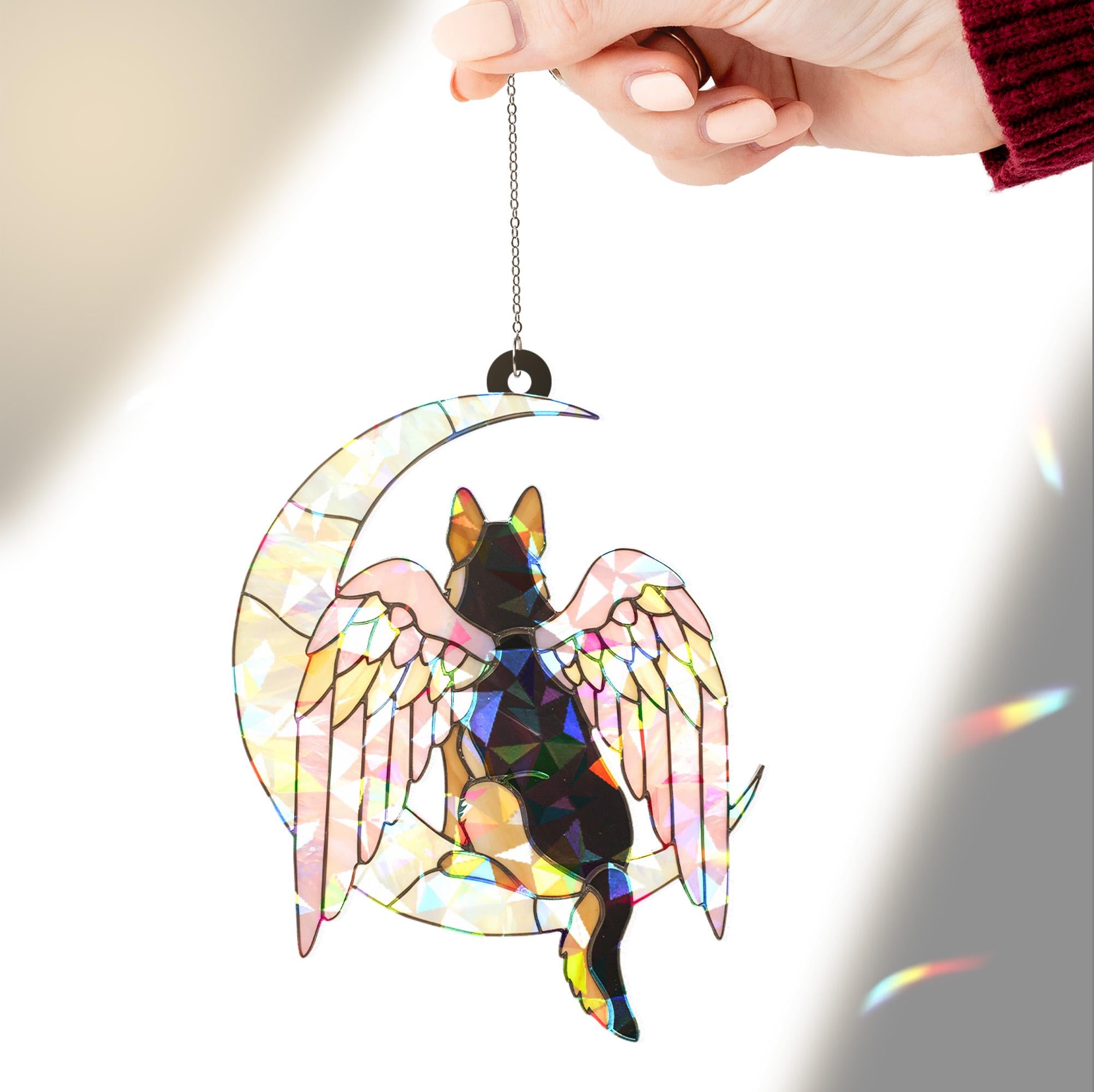 Acrylic Hologram German Shepherd, Angel Wings, Crescent Moon, Dog Memorial, Dog Mom Gift, Pet Tribute, Iridescent Decor