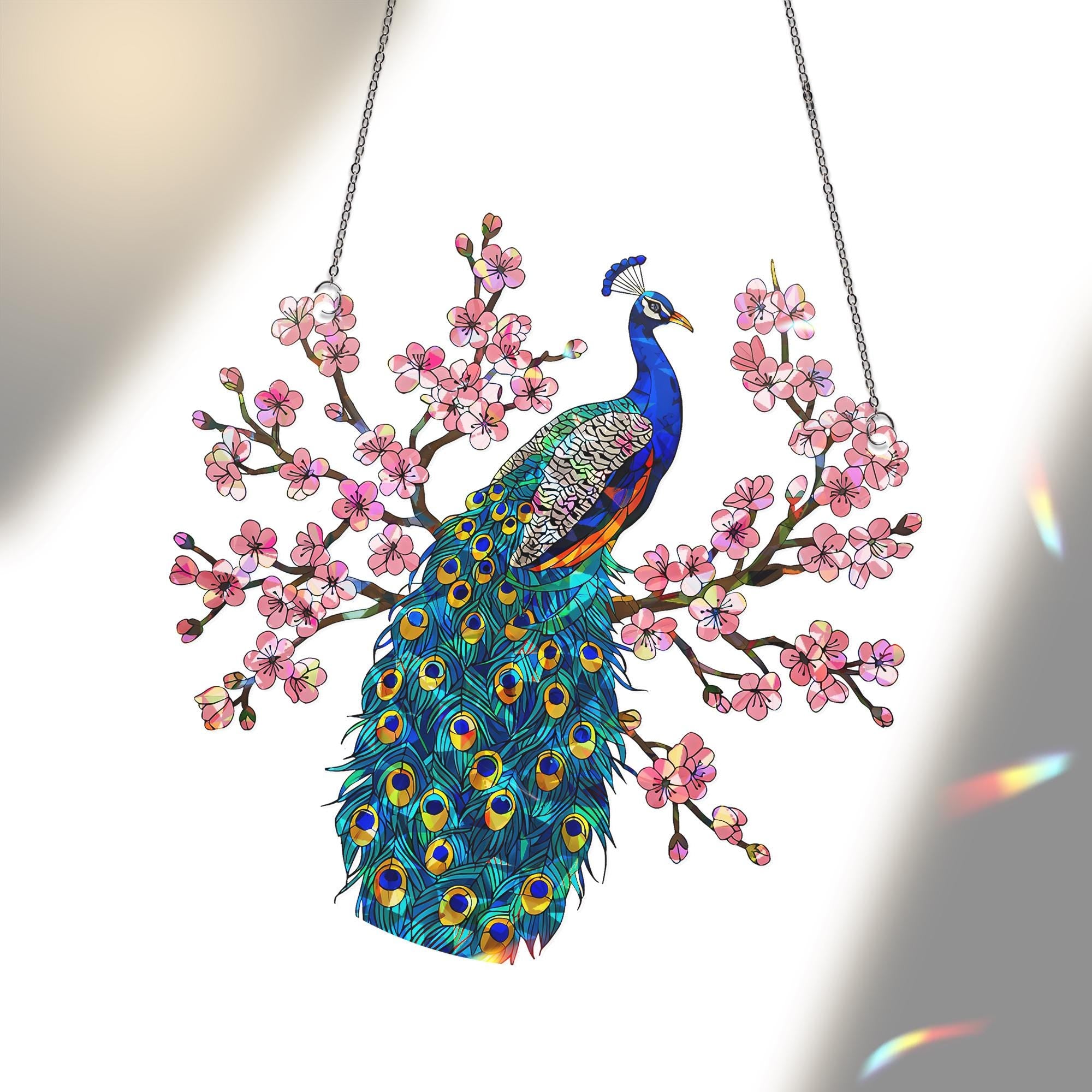 Peacock on Cherry Blossom Branch Acrylic Hologram, Iridescent Wall Art, Mother's Day Gift, Elegant Bird Decor, Nature Gift, Gift For Mom