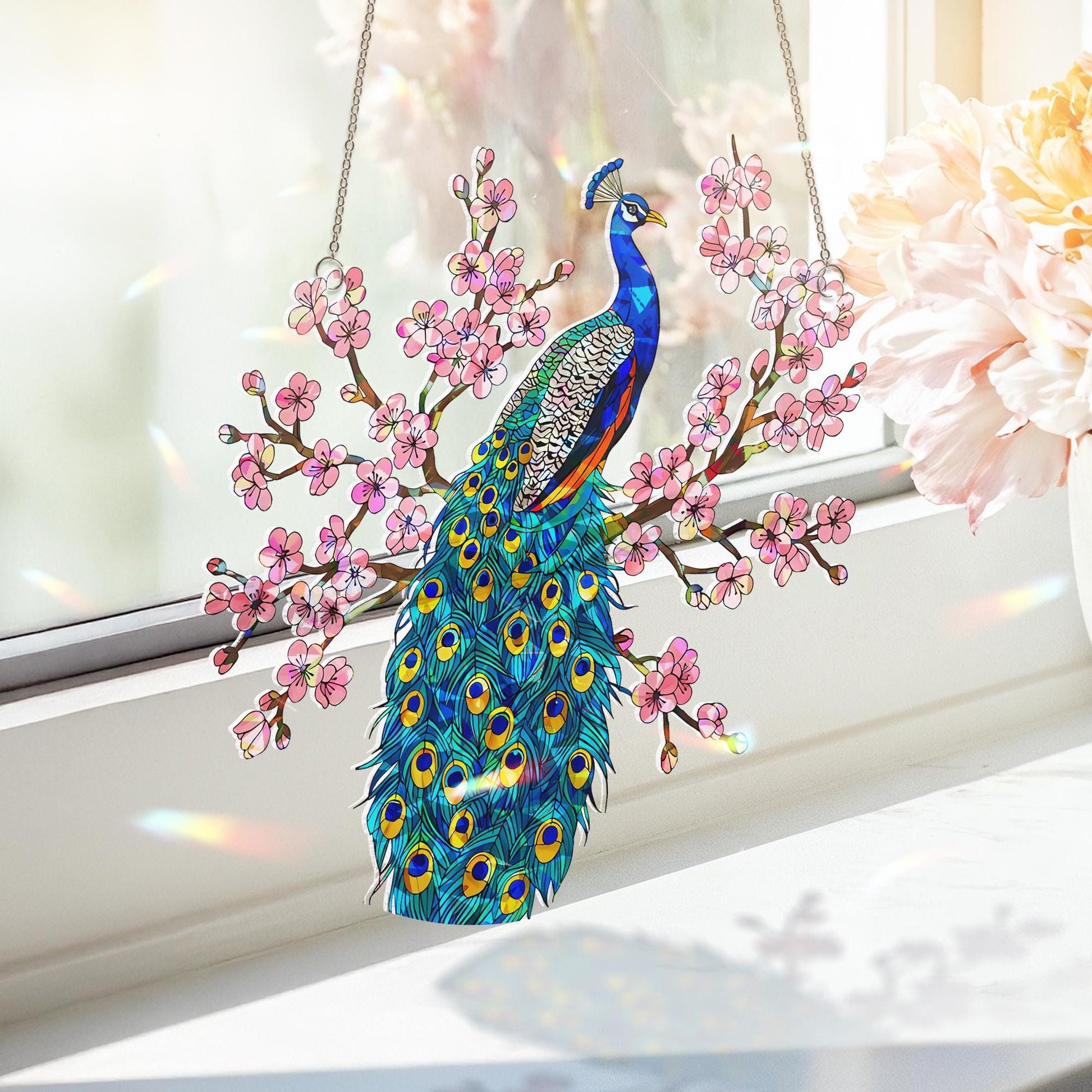 Peacock on Cherry Blossom Branch Acrylic Hologram, Iridescent Wall Art, Mother's Day Gift, Elegant Bird Decor, Nature Gift, Gift For Mom
